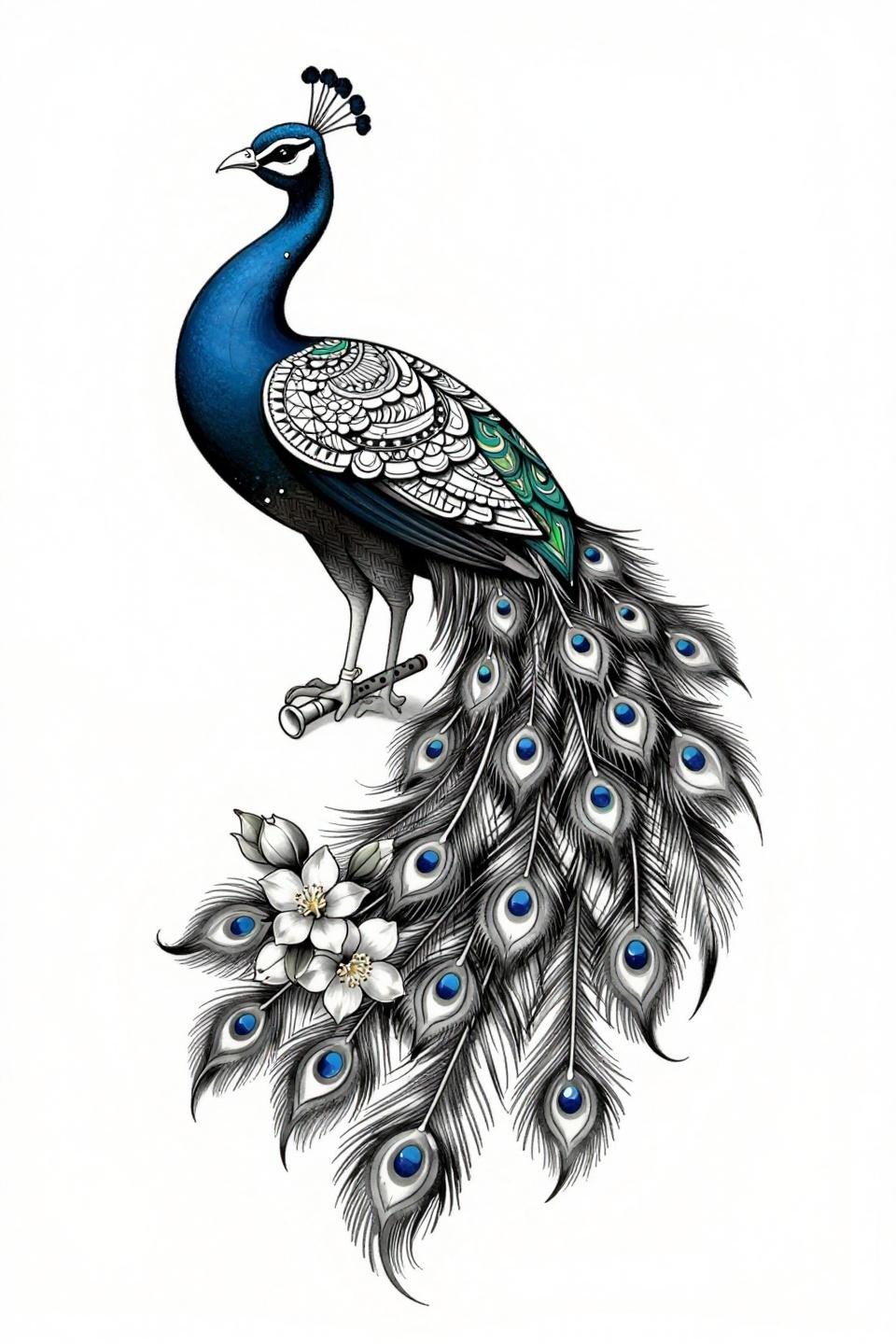 hindu mehndi designs chicano grey wash flash, peacock S-curve pose, mehndi crescent chevron tail feathers, whip shading dense to pale dilution, jasmine cluster base