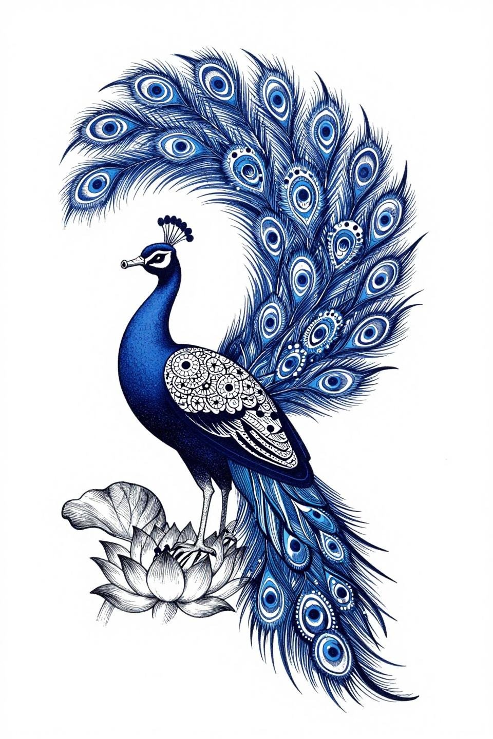 peacock mehndi designs surrealist flash, interlocking paisley spiral tail feathers, negative space silhouette body, crosshatch etching shadows, navy blue black ink
