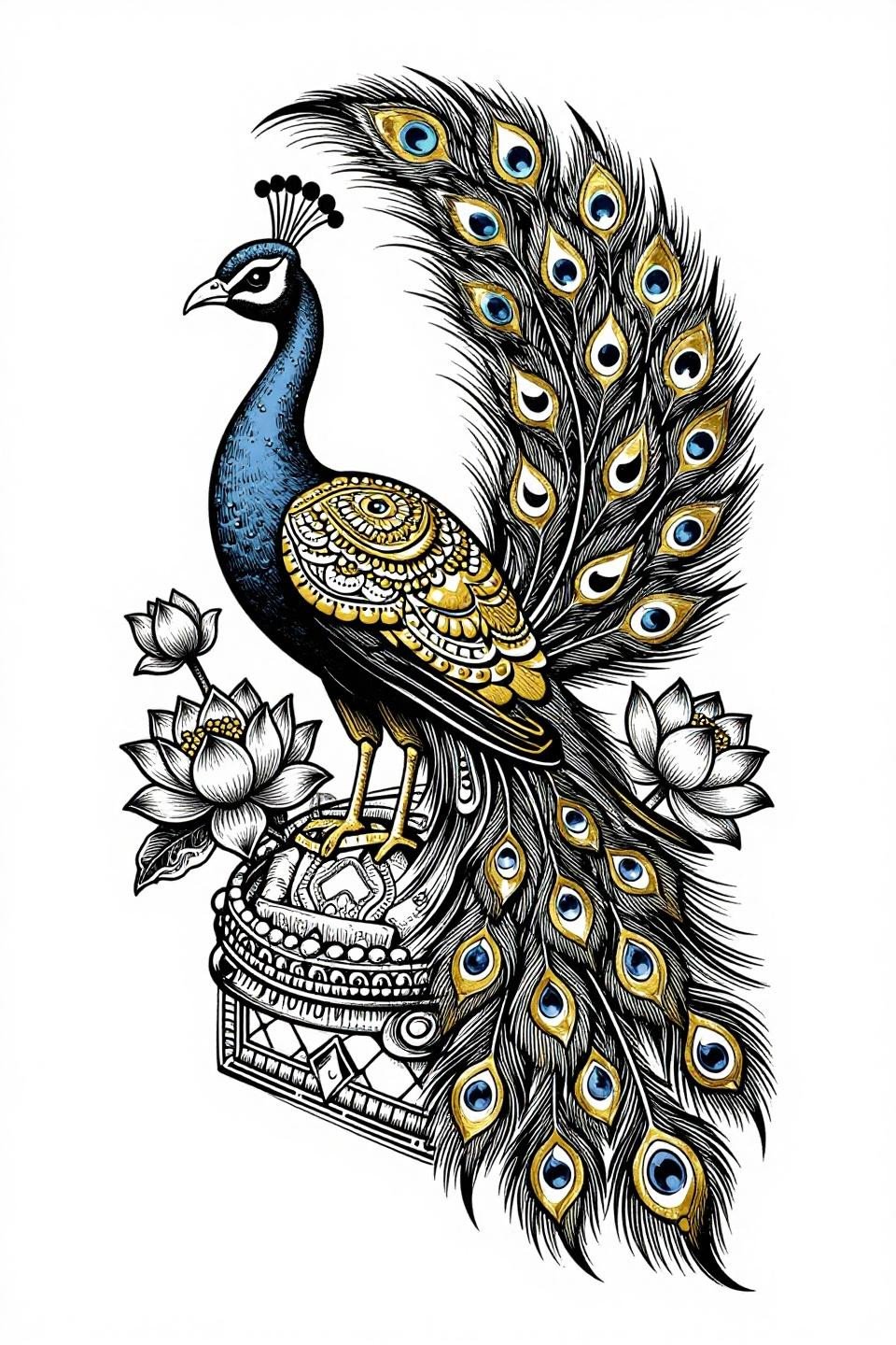 peacock feather mehndi etching woodcut flash, parallel line engraving, teardrop crescent tail shapes, gold leaf black ink, diamond frame, lotus stamen detail