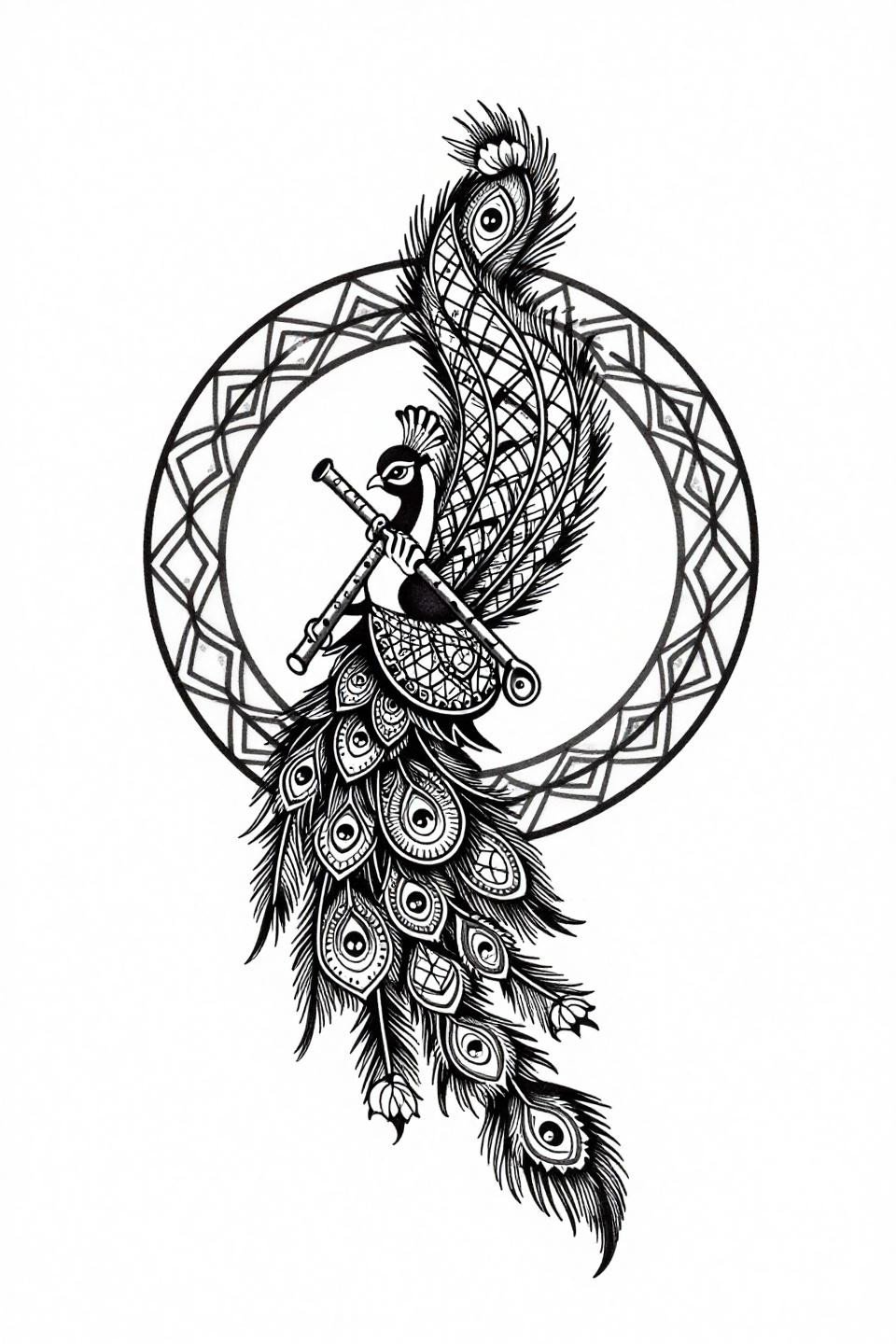fancy mehndi designs Sak Yant style flash, compass-drafted geometry, geometric lattice tile tail feathers, circular mandala eye base, flat black fills, bilateral symmetry, no grey wash