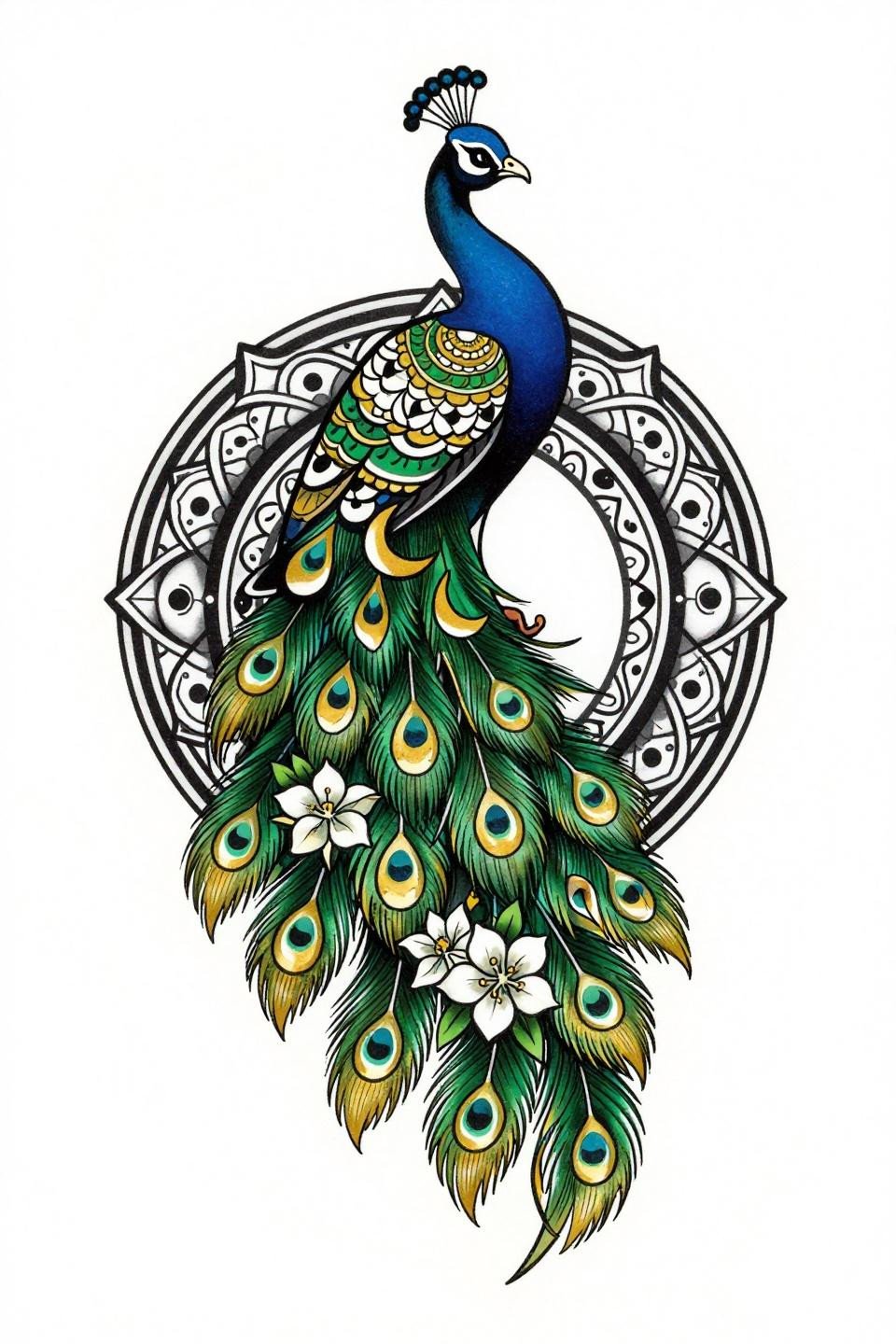 peacock mehndi designs neo-traditional flash, forest green gold leaf fills, teardrop crescent moon feathers, negative space silhouette body, jasmine tail base, circular mandala frame