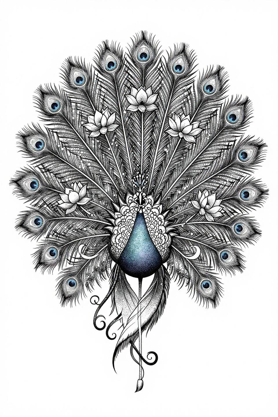 peacock henna designs botanical scientific stipple flash, full tail spread, lotus interspersed plumes, bindi feather tips, vine tendrils base, dense-to-open stipple gradient, grey wash midtones