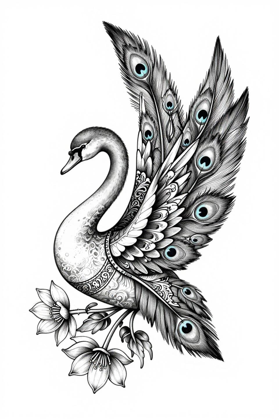 swan mehndi designs art nouveau flash, S-curve neck botanical feather mapping, peacock eye wing motifs, water lily vine stamens, hairline 0.5mm single-needle strokes open negative space