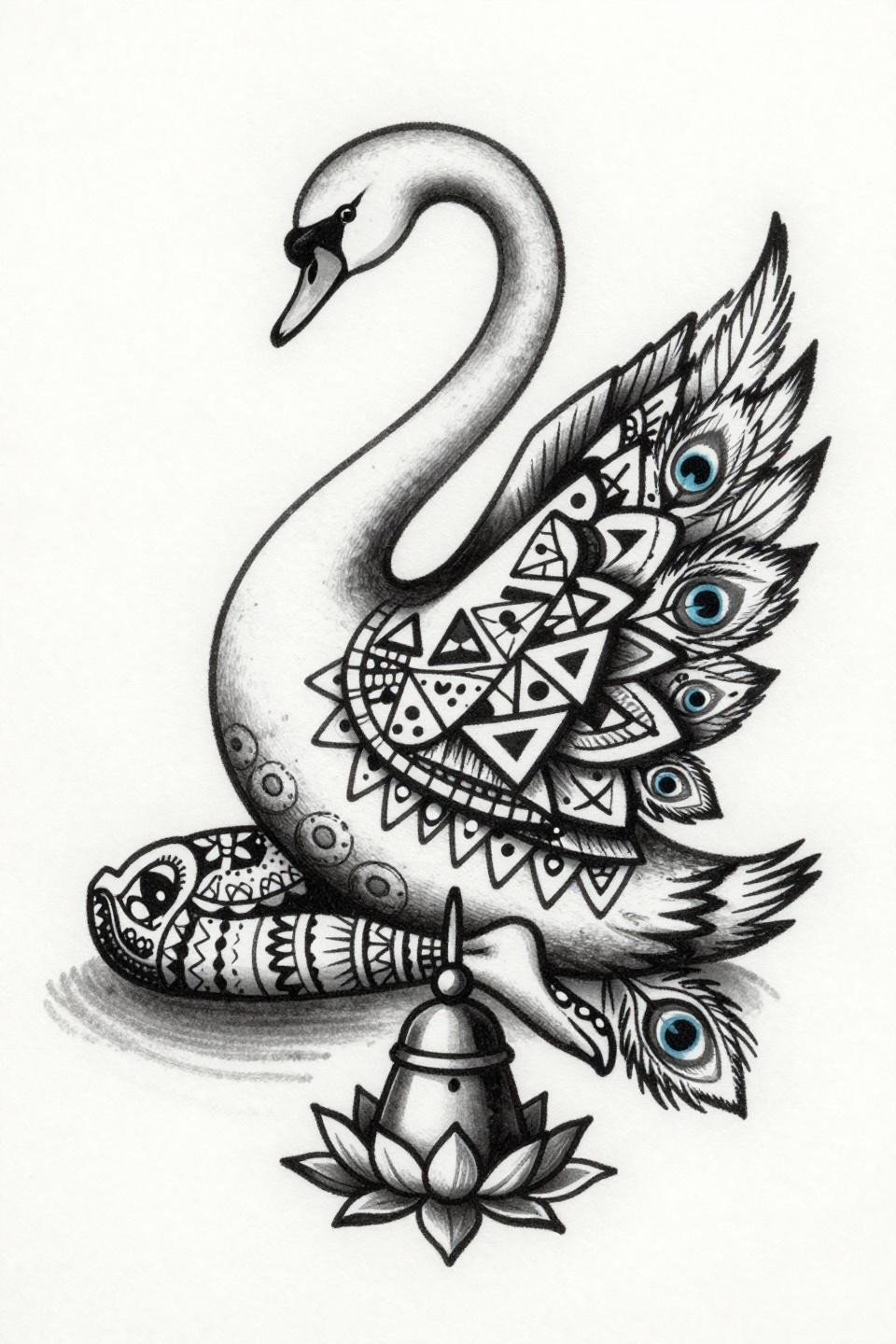 swan mehndi designs ignorant style flash, bold rough 3pt outlines, geometric mehndi triangles hexagons body fill, peacock eye wing motifs, flat black ink no grey wash