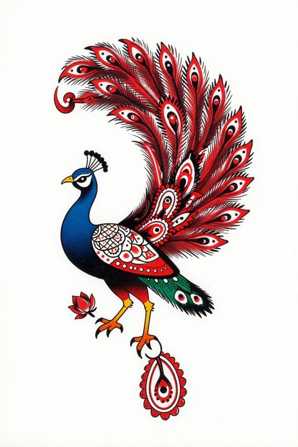 peacock mehndi designs traditional American flash, bold paisley henna motifs, 2-3pt black outlines, flat crimson red fills, asymmetric flowing pose