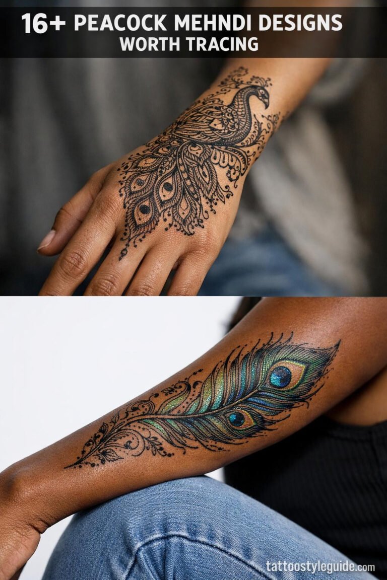 Fine line peacock mehndi tattoo designs on forearms, 0.5mm hairline strokes with dotwork feather eyes, medium olive and deep brown skin tones
