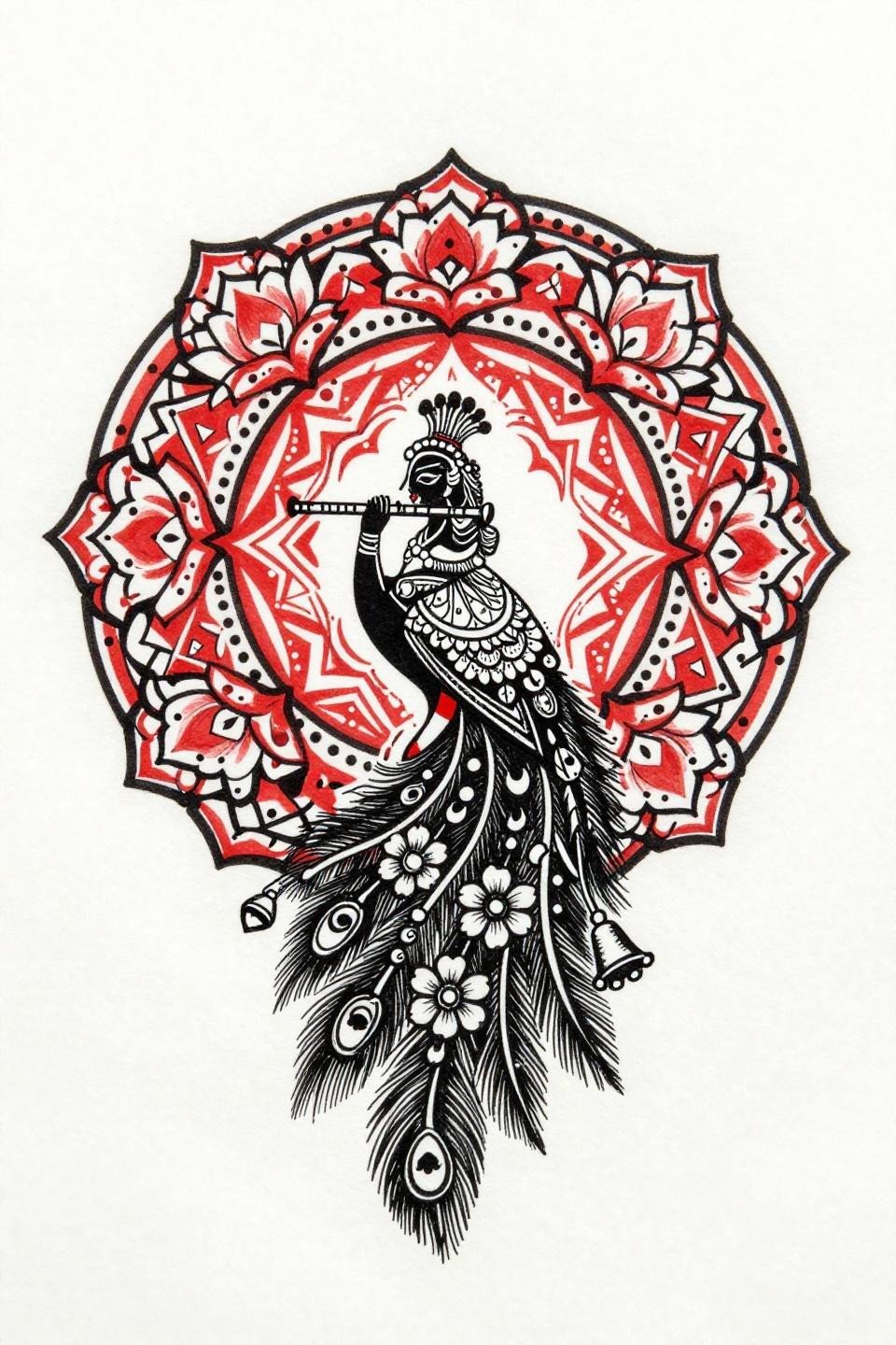 fancy mehndi designs trash polka flash, crimson red accent on solid black, lotus mandala tail feathers, radial symmetry, aggressive negative space cuts, raw graphic mark-making