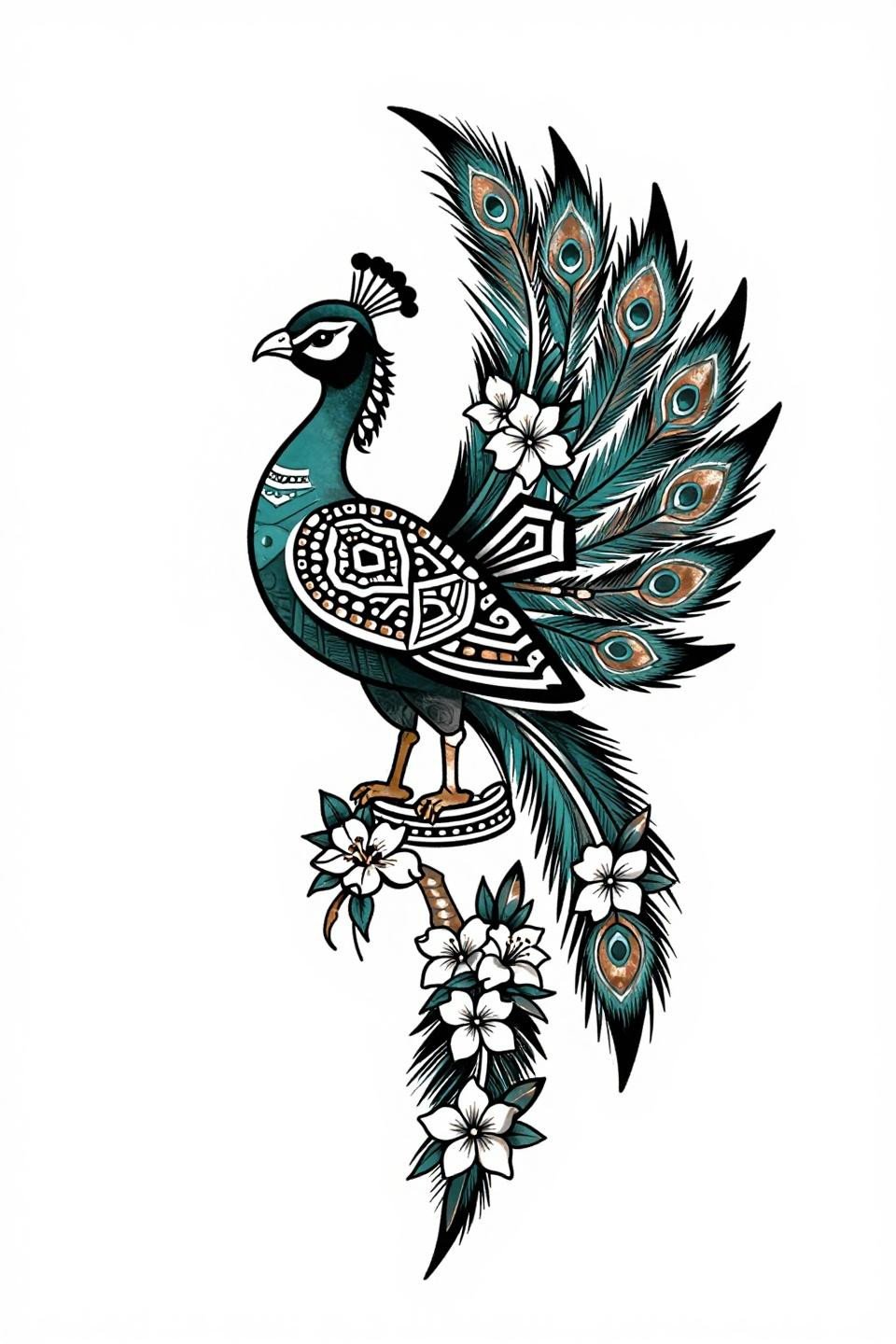 peacock mehndi designs tribal geometric flash, bilateral symmetry, deep teal and copper fills, bold 2-3pt black outlines with mehndi diamond hexagon lattice feathers