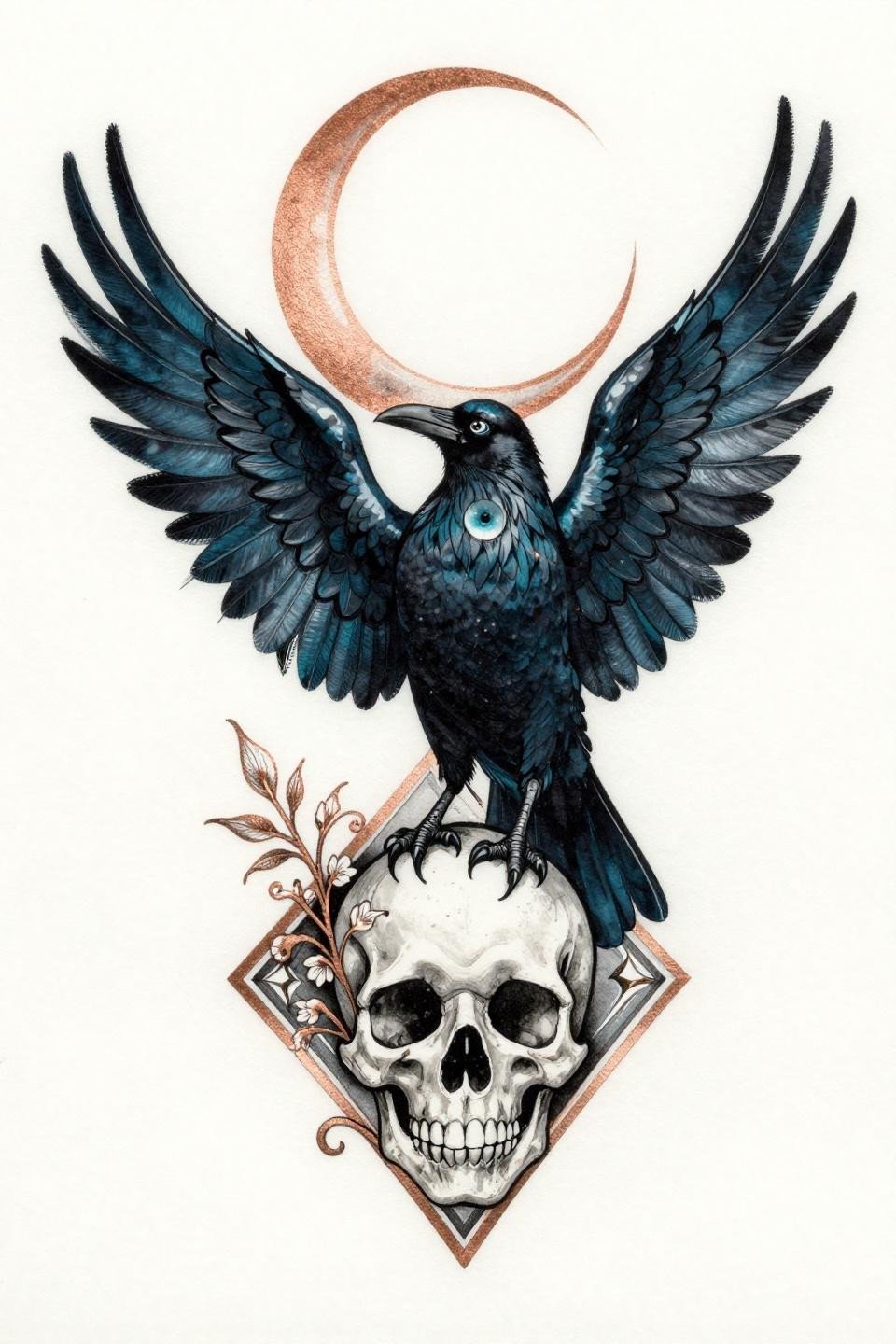 witchy tattoos art nouveau raven flash, crescent moon halo, calligraphic brushstroke feathers, flowering skull perch, deep teal copper metallic accent diamond frame