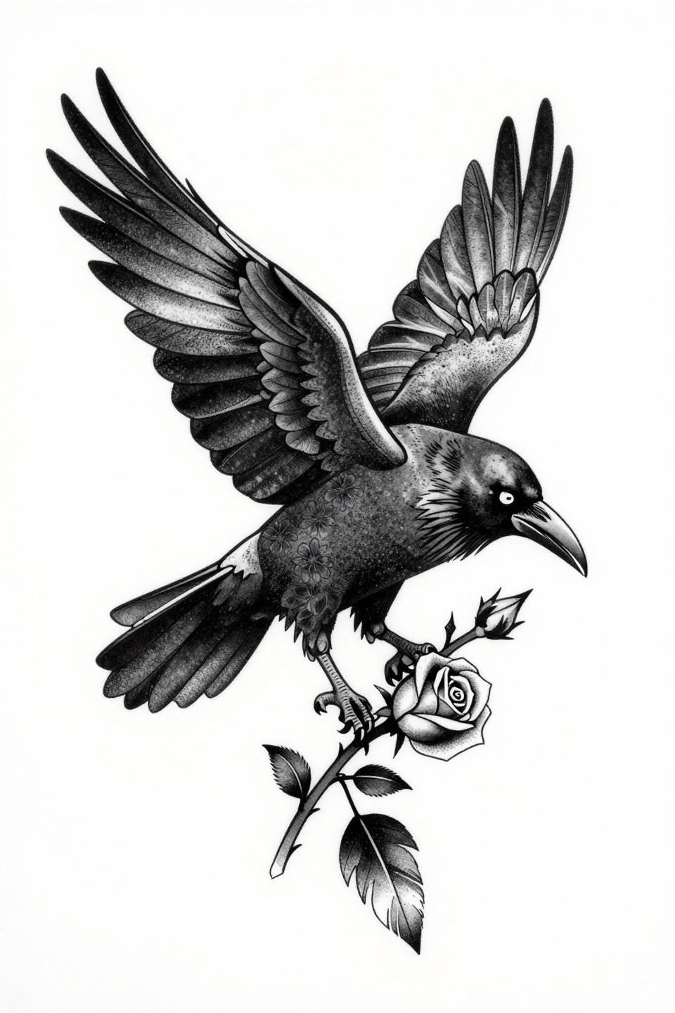 raven tattoo feminine arm blackwork dotwork flash, descending flight spread wings diagonal, stipple dot gradient dense body to open wingtip, thorned rose stem in beak