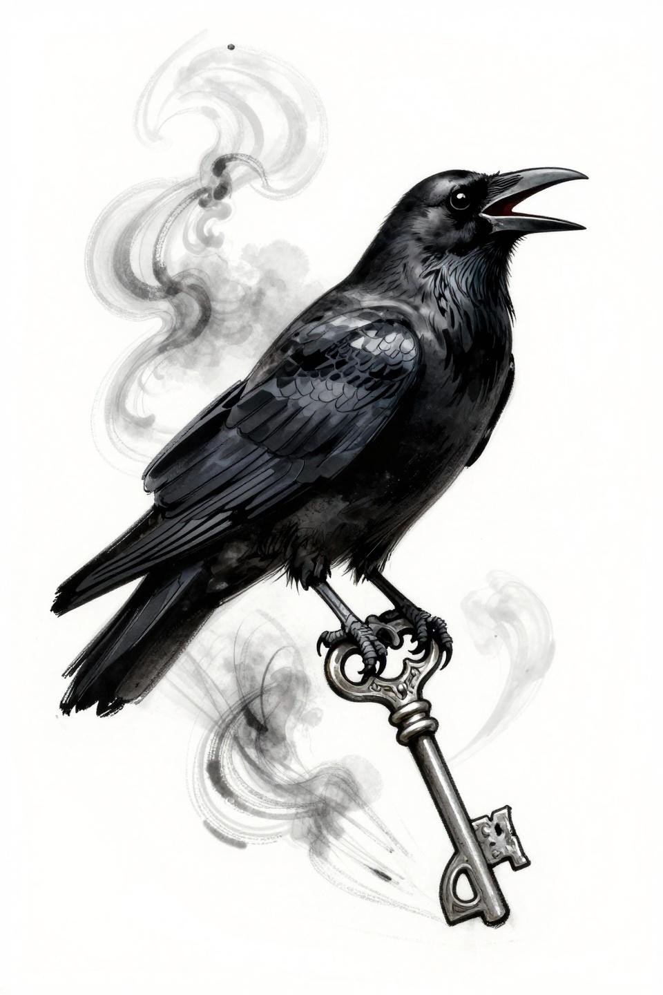 raven tattoo feminine flash art, sketch gestural style, body feathers dissolving into smoke wisps, perched on ornate filigree key, stacked vertical composition