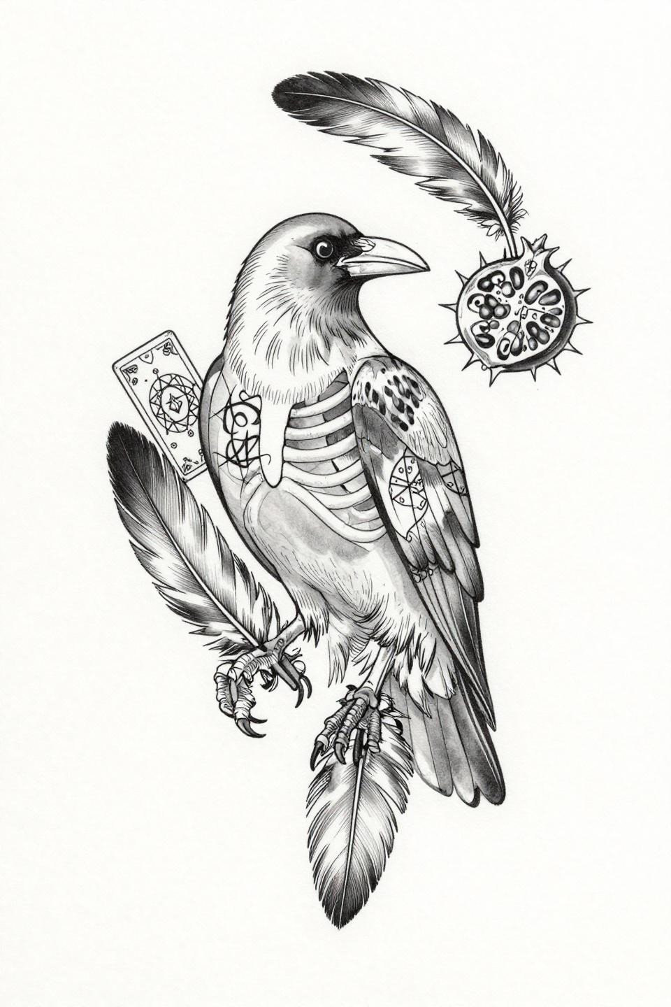 raven tattoo design fine line single needle occult flash, botanical quill feathers, thorned pomegranate talons, floating tarot symbols hairline 0.5mm strokes