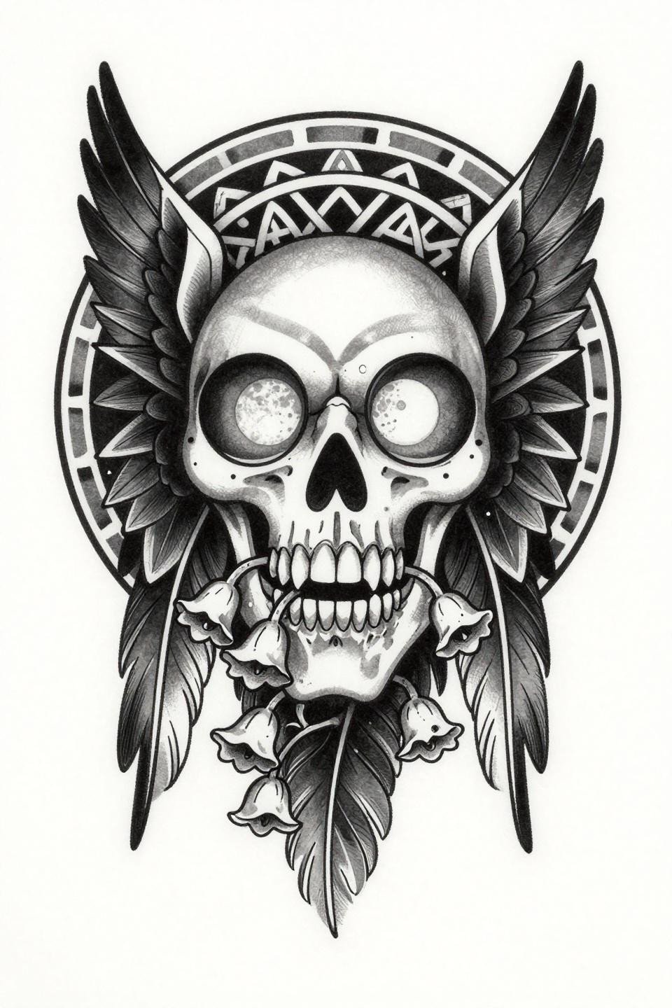 dark feminine tattoos irezumi raven flash, bilateral symmetry wing sigil geometry, moon phase hollow eye sockets, nightshade vines skeletal jaw, circular mandala frame