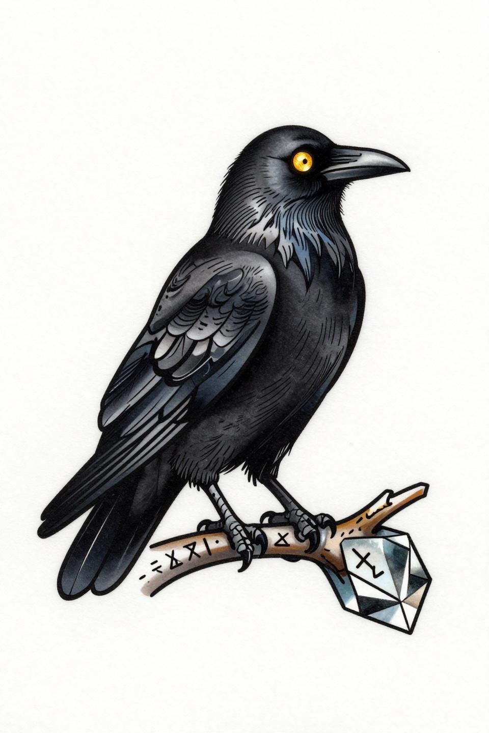 raven tattoo feminine neo-traditional flash, strict left-facing profile, amber eye gold accent, parallel line feather detail, crystalline geometric branch runic carvings, bold 2-3pt outlines