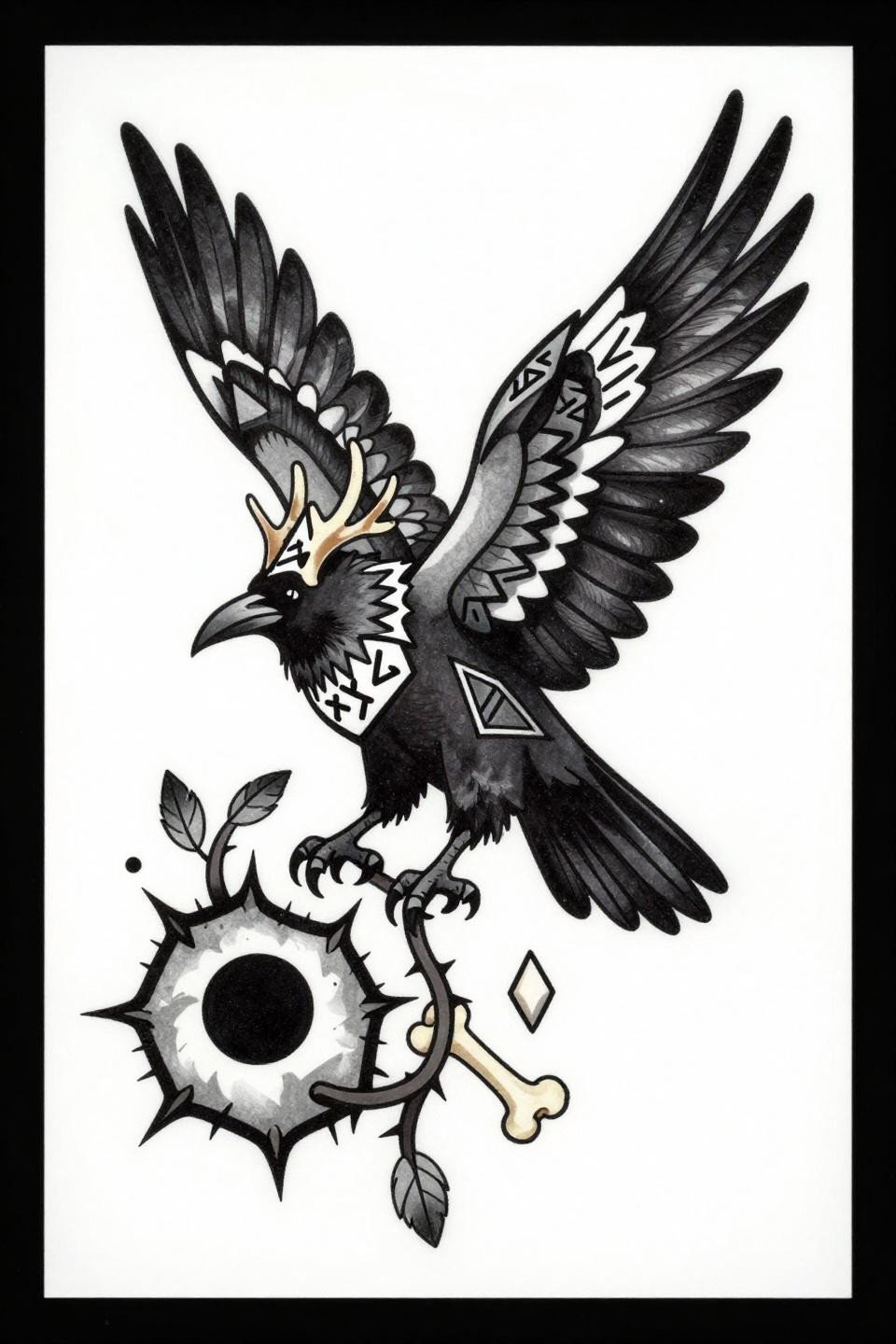 Nordic raven tattoo tribal geometric flash, ascending flight spread wings, antler rune crown, bold 2-3pt black outlines flat fill, angular silhouette ash leaves