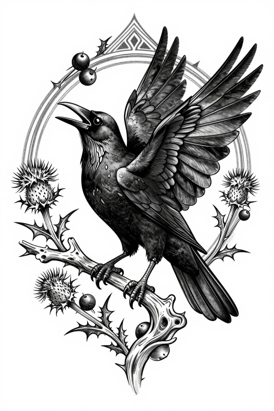crow tattoo design single continuous line mandala flash, gnarled branch perch, geometric void beak interior, hairline 0.5mm feather strokes, thistle nightshade floating botanicals