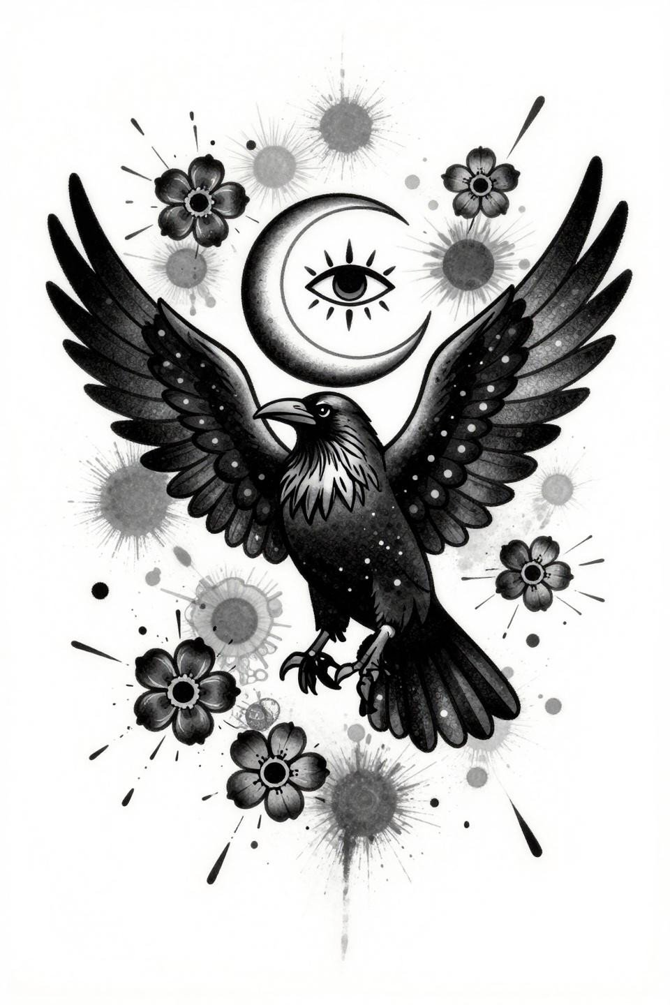 black raven tattoo trash polka style flash, wings wrapped crescent moon, third eye forehead, explosive ink splatter marks, bold 2-3pt outlines asymmetric composition