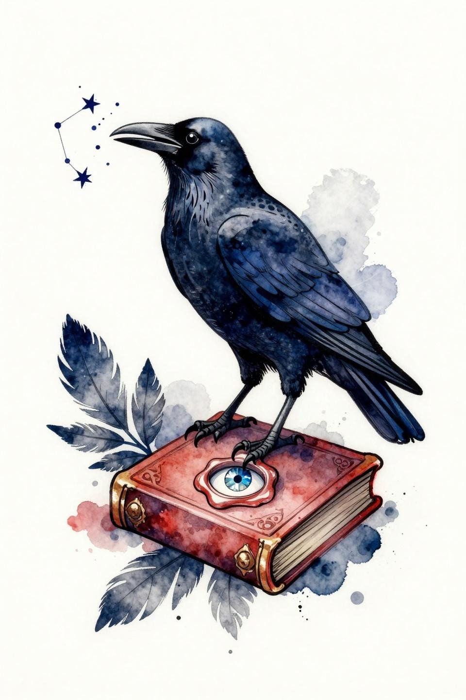 raven tattoo ideas women watercolor splash style flash, indigo crimson wash, constellation stars from open beak, botanical feather layers, calligraphic brush ink marks