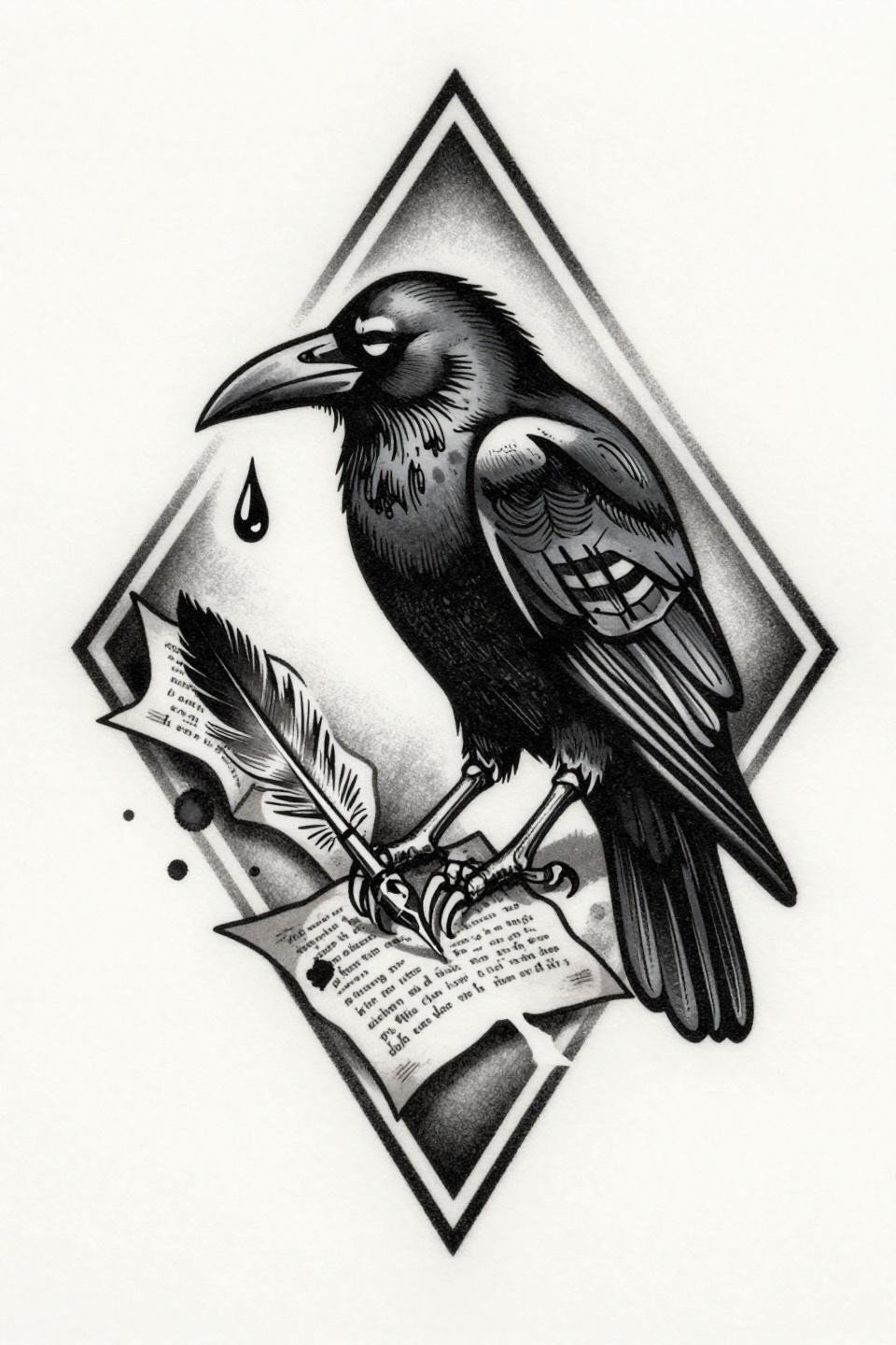 Odin's ravens tattoo woodcut etching style, skeletal ribcage visible through torso, crosshatch parallel line shadow depth, diamond frame composition on white paper