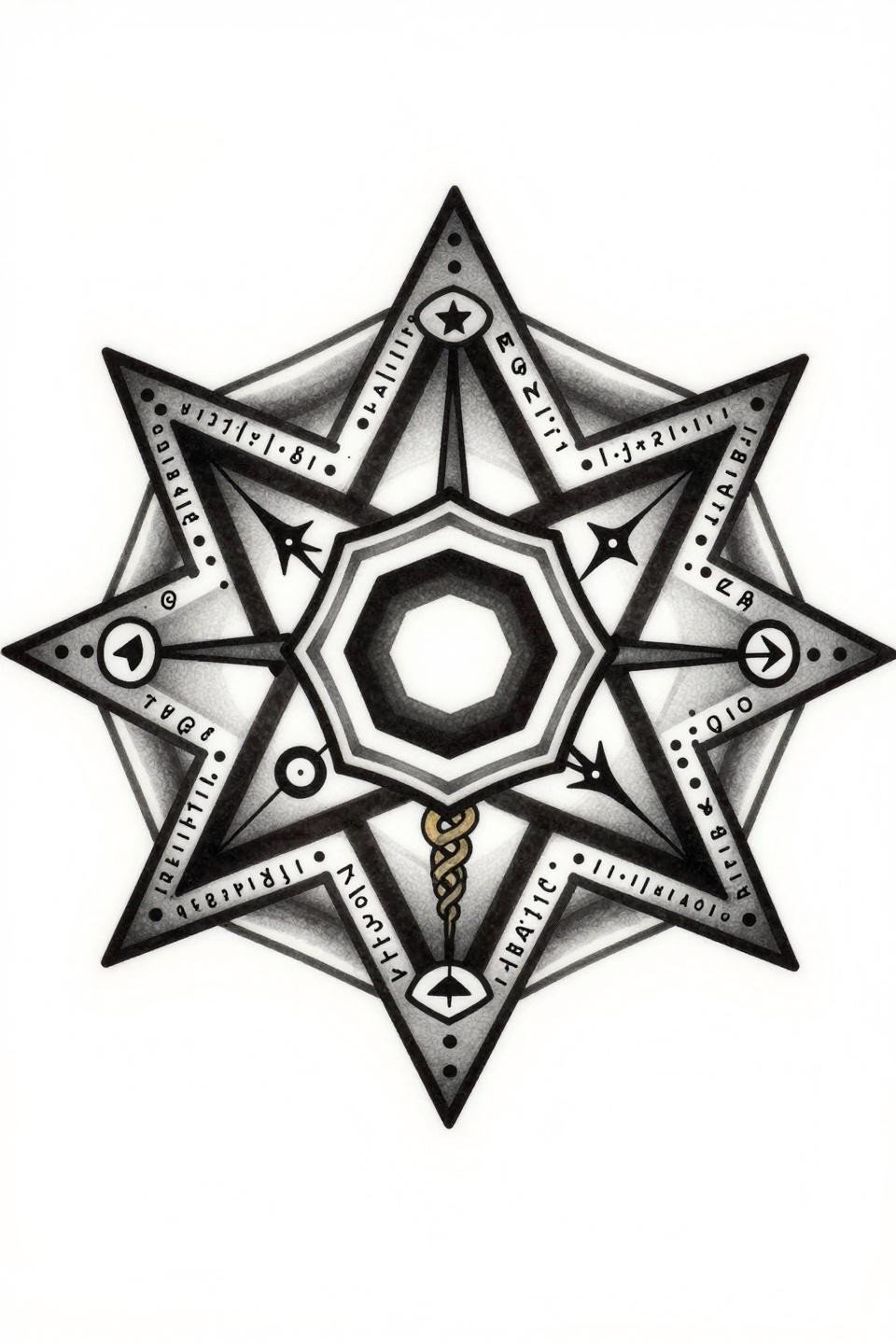 sigilism tattoo design Japanese irezumi style, alchemical transmutation sigil seven planetary symbols heptagram star points mercury caduceus, bold 2-3pt black outlines grey wash midtones