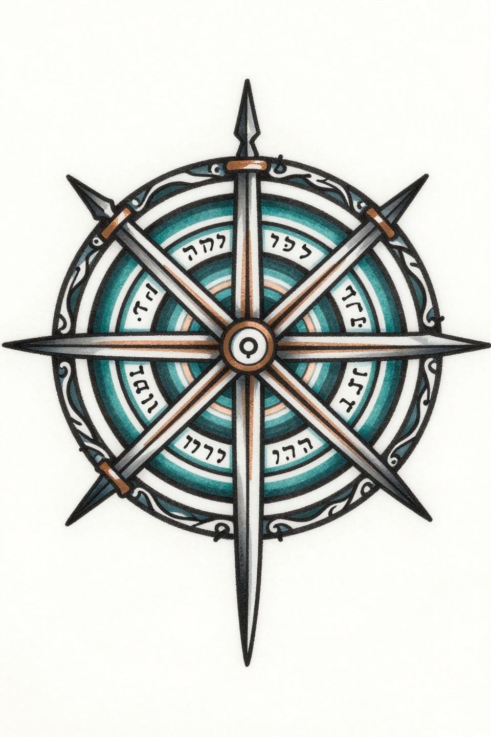 neotribal sigil tattoo Art Nouveau style, Sigil of Solomon seven nested polygonal chambers, bold 2-3pt black outlines, deep teal ink copper metallic accent