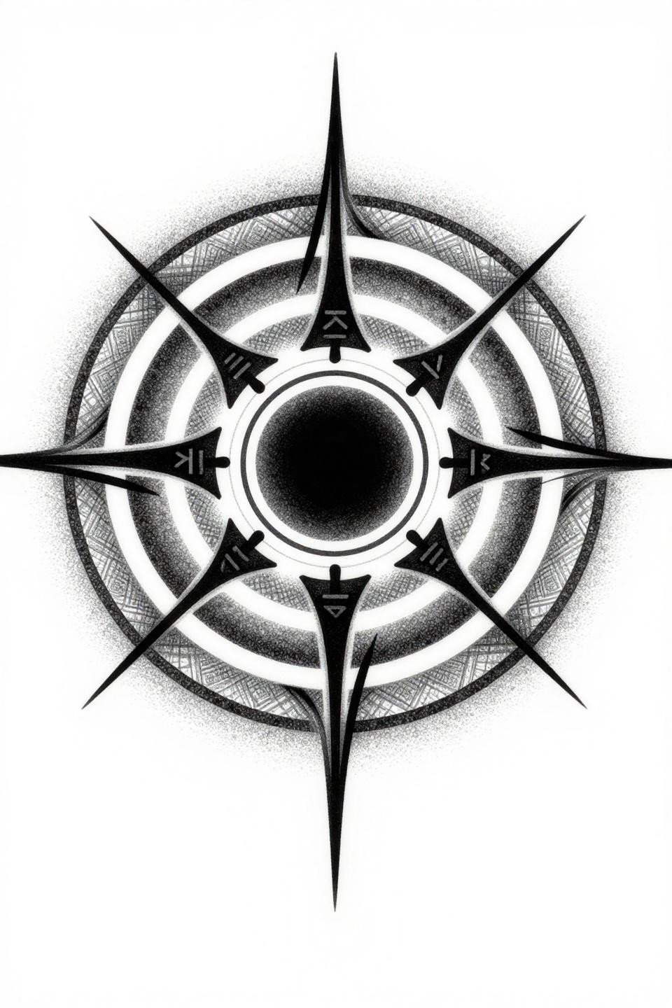 sigil art blackwork dotwork style, occult protective sigil interlocking concentric circles angular runic symbols void-black central seal, stipple dot gradient dense core open outer edges no outlines
