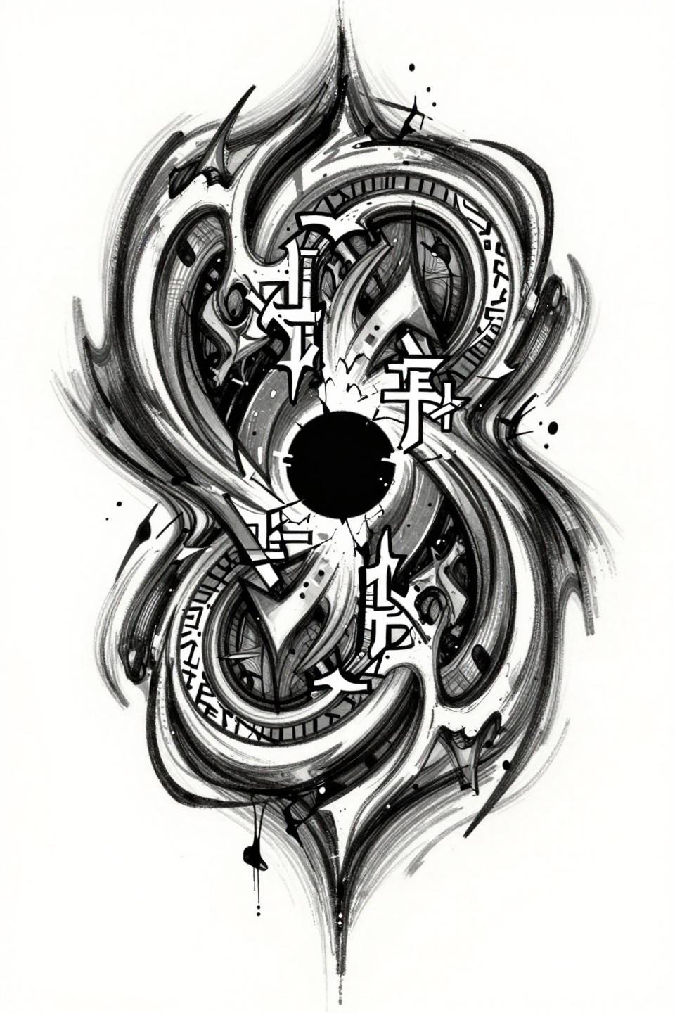 small cybersigilism sigil tattoo sketch raw style, recursive data-stream spirals void-black core, algorithmic rune-glyphs neural pathways, bold 2-3pt black outlines grey wash