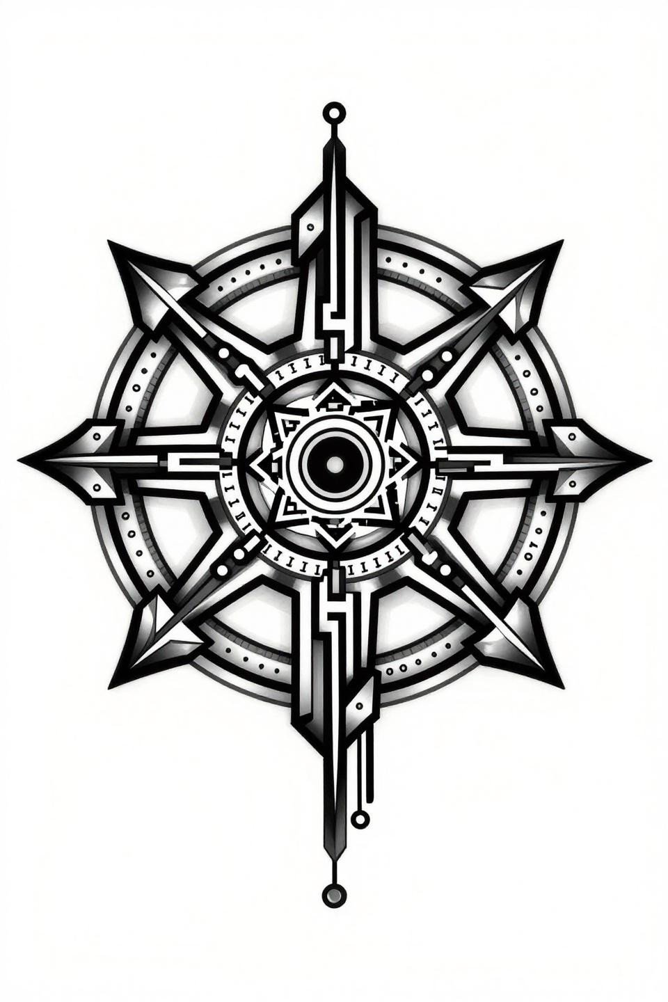 small cybersigilism sigil tattoo art deco style, fractured circuit-board pathways pixelated mandala core binary-code rim inscription angular chrome-finish planes, clean vector-precision linework flat black fills