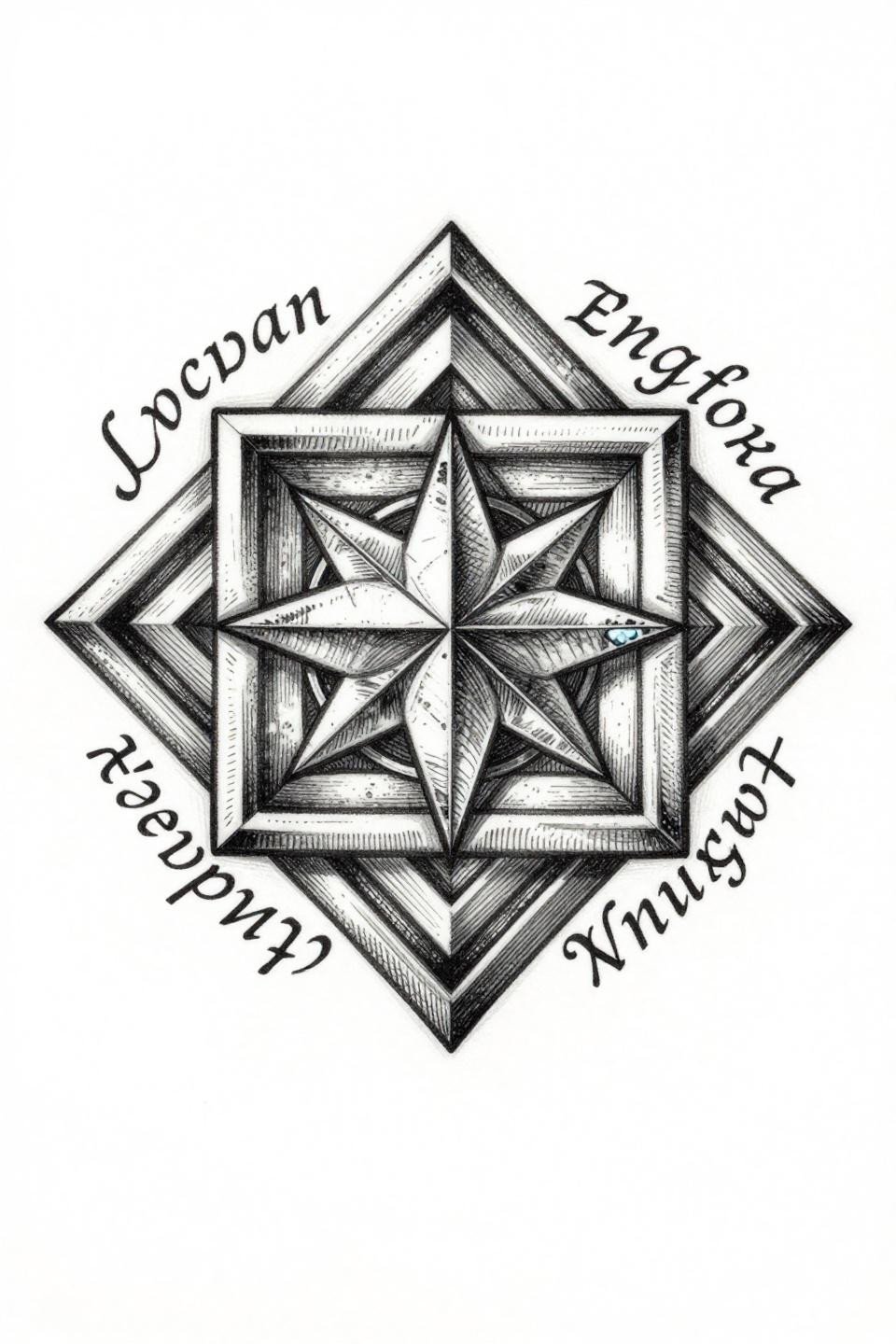sigil tattoos for women etching woodcut style, Enochian magic sigil interlocking square chambers four-pointed star crystalline lattice, crosshatch parallel-line engraving dense shadow hatching
