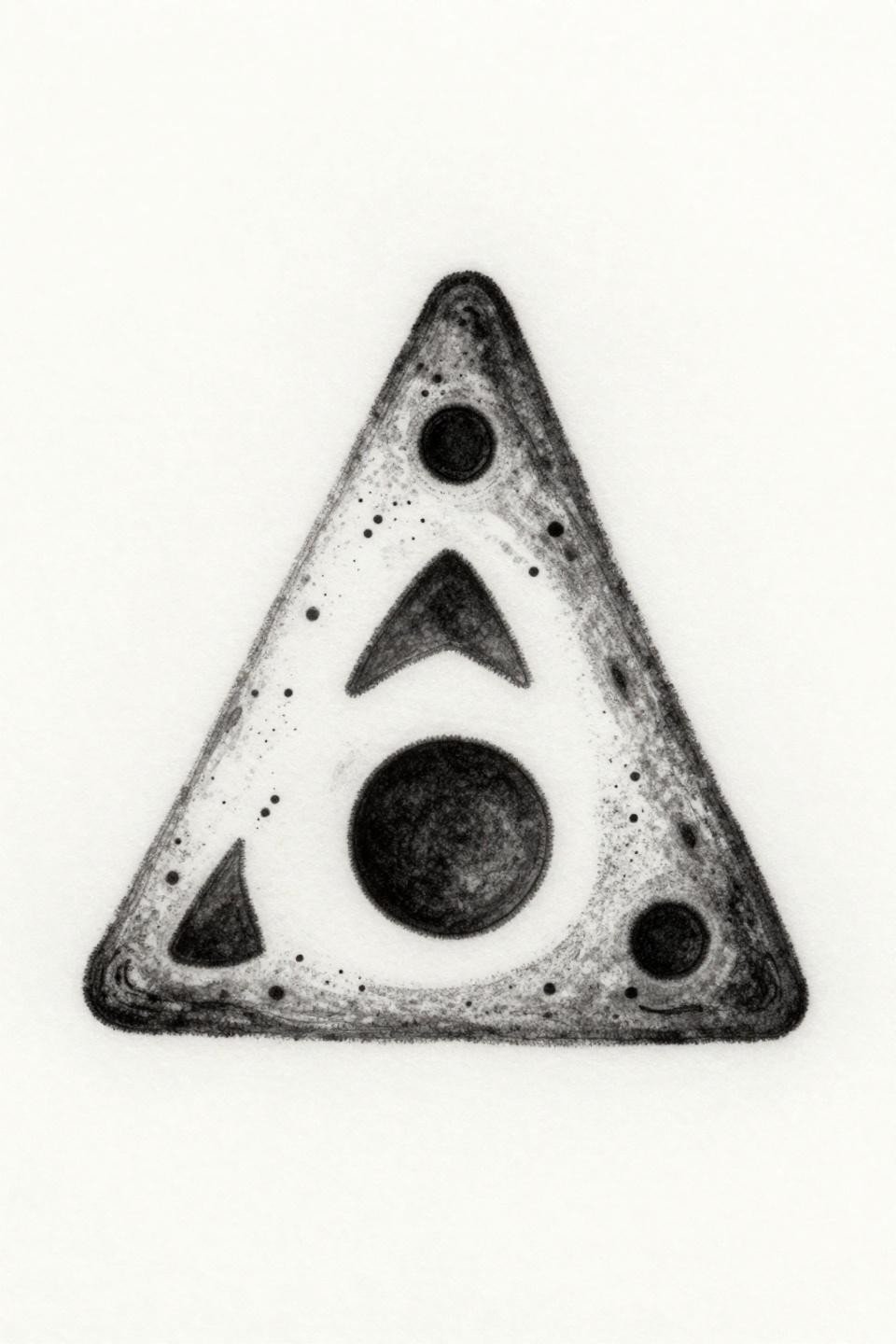 sigil tattoo designs fine line minimal style, Sumerian cuneiform binding sigil wedge-shaped glyphs downward triangle, hairline 0.5mm single-needle strokes, open negative space grey wash midtones