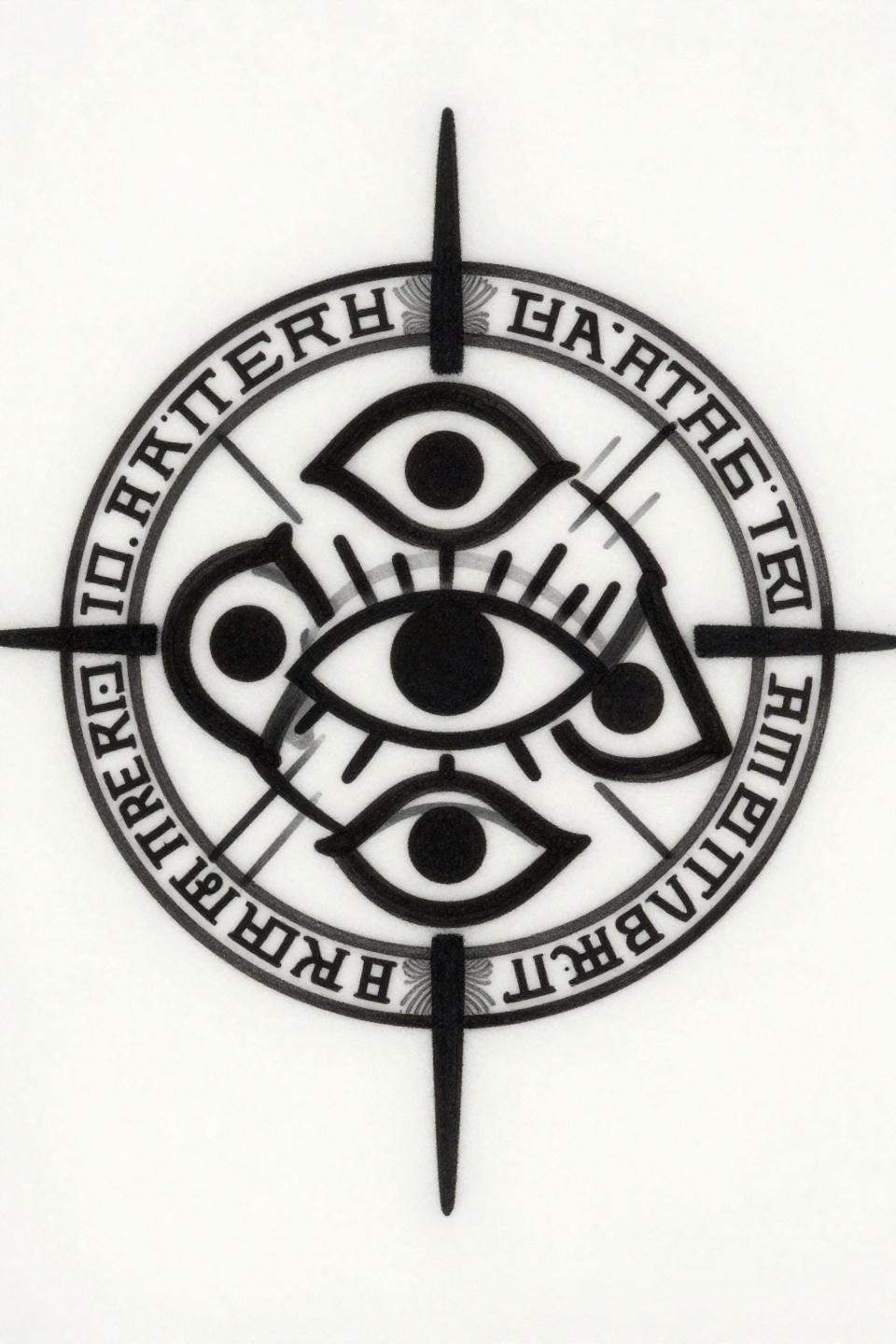 sigil magic symbols tribal geometric style, three interlocking crescents trinity knot central eye glyph straight-line energy vectors, bold 3pt black outlines flat solid black fills zero gradients