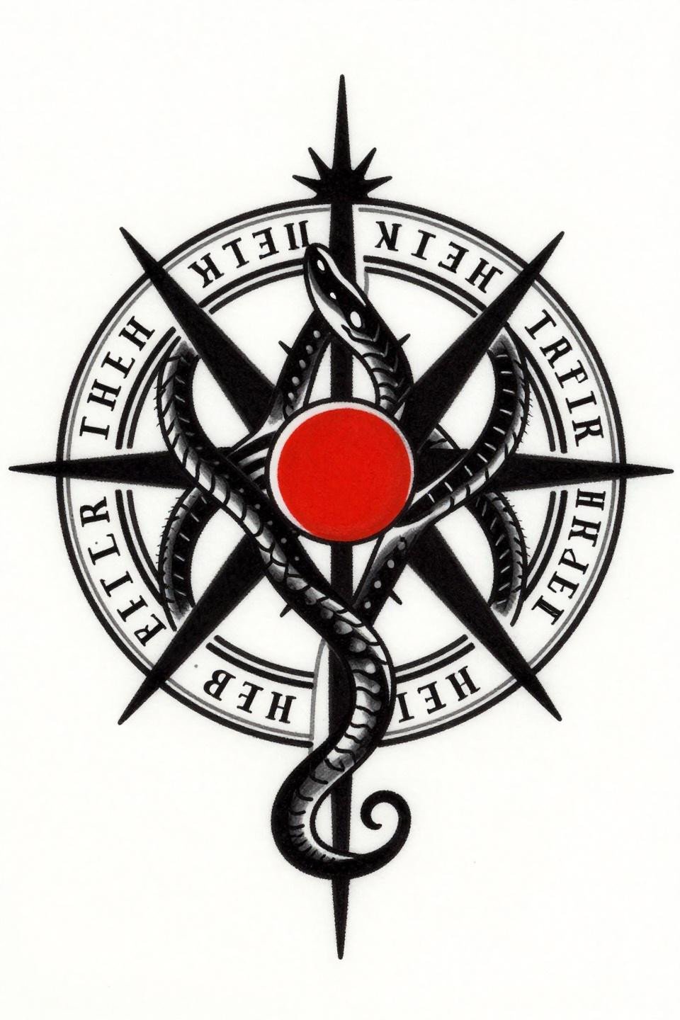 sigil tattoo men old school sailor style, Goetia demon summoning sigil seal of Solomon interlocking triangles, bound serpent coils, bold 2-3pt black outlines crimson red accent