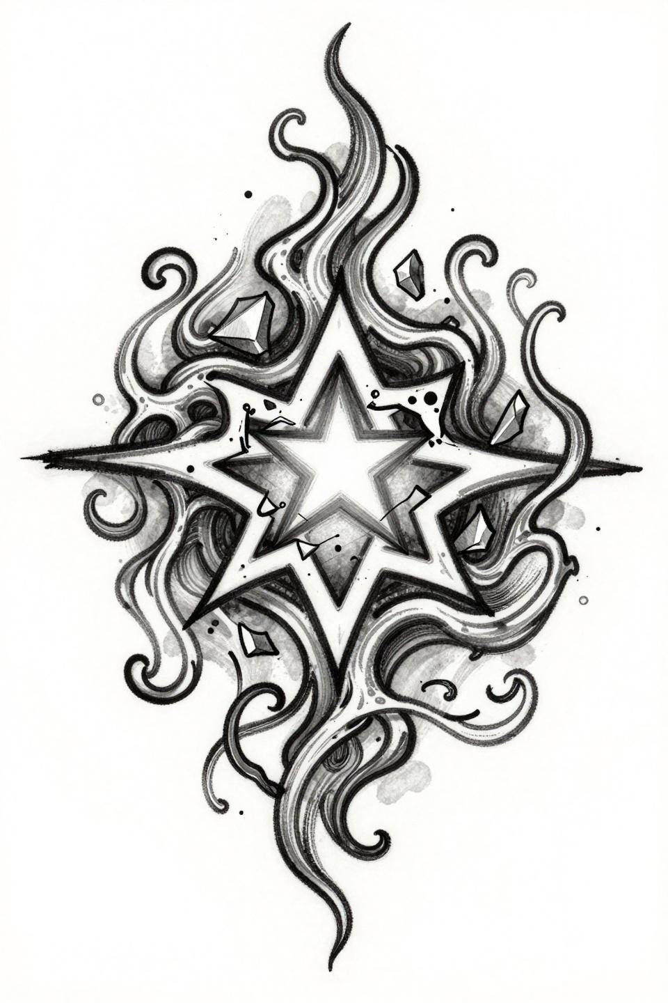 neotribal sigil tattoo single continuous line style, chaos sigil organic root-vein tendrils central void five-pointed star fractal shards, brush ink calligraphic wet stroke black grey wash