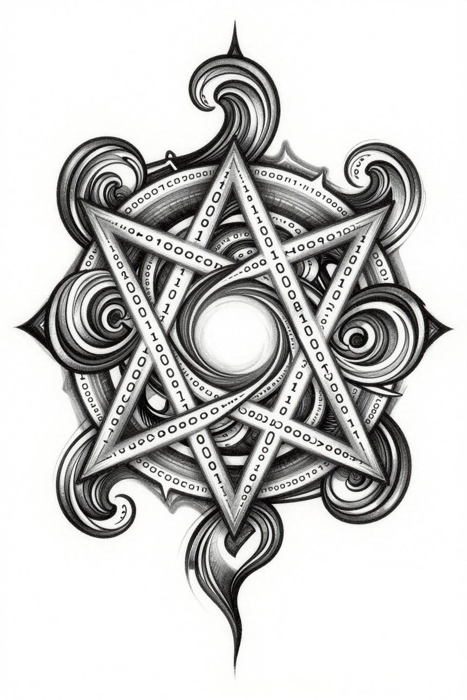 sigil tattoo hand placement neo-traditional style, inverted pentagram chaos sigil, bold outlines with whip shading grey wash transitions, dense to open midtones