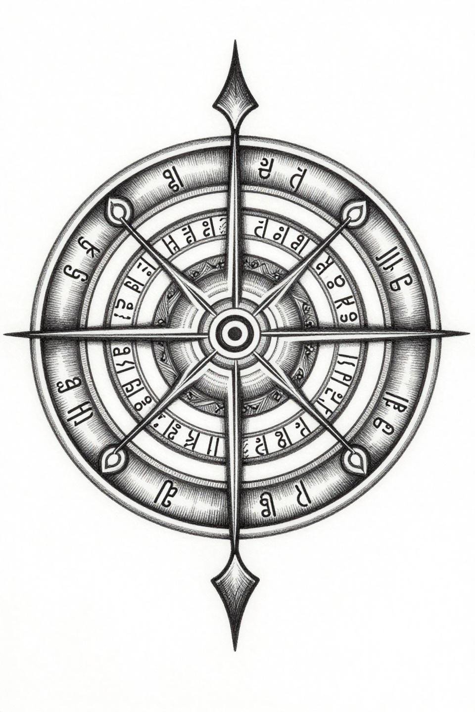 neo-sigilism tattoo Sak Yant sacred geometry style, protective sigil curved yant lines shield geometry sacred syllables concentric arcs, tight parallel-line engraving crosshatch density variation