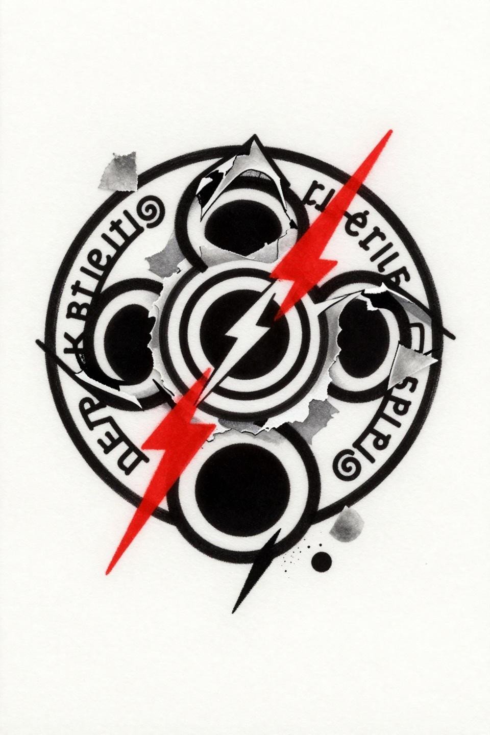 sigil art trash polka style, binding banishment sigil three nested concentric circles, void-black hexagon crossed lightning bolts, crimson red accent explosive gestural smear strokes
