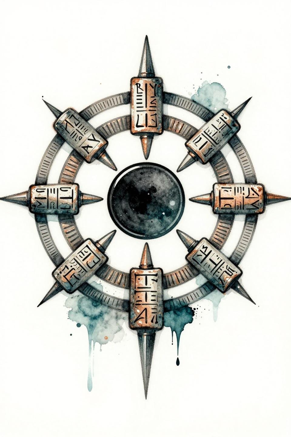 sigil tattoo watercolor mandala flash, Sumerian binding sigil nested wedge glyphs circular formation, void-black seal disk, deep teal watercolor blooms copper metallic accent washes brush ink quality