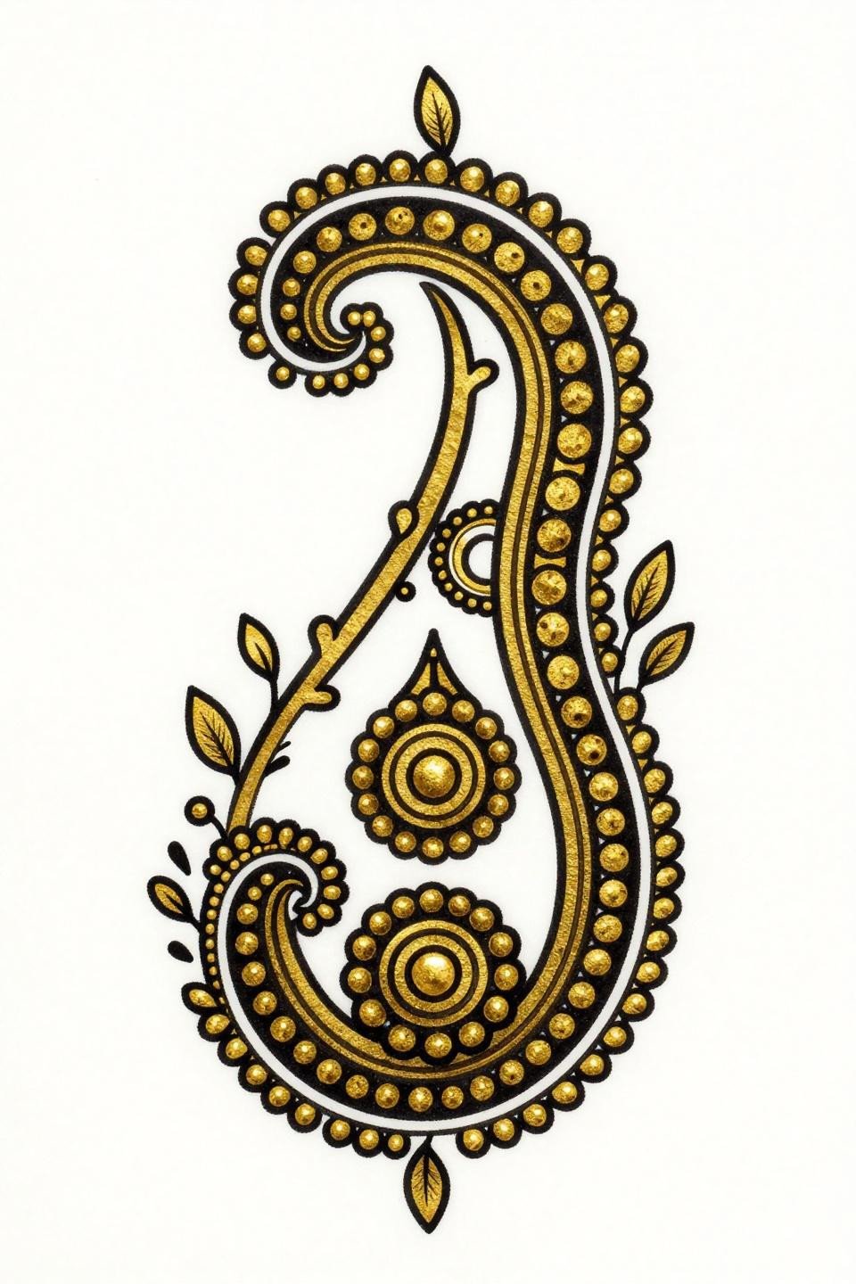 simple stylish mehndi designs art deco flash, interlocking teardrop paisley mirrored bilateral symmetry, bold 2-3pt black outlines flat metallic gold fills circular nodes