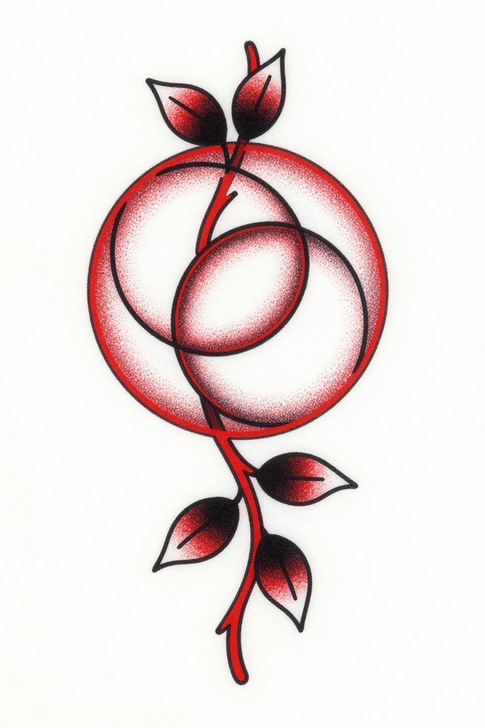 minimal mehendi designs old school sailor flash, interlocking circular loops stipple dot fill graduating center to edge, bold 2-3pt outlines flat crimson red solid black fills