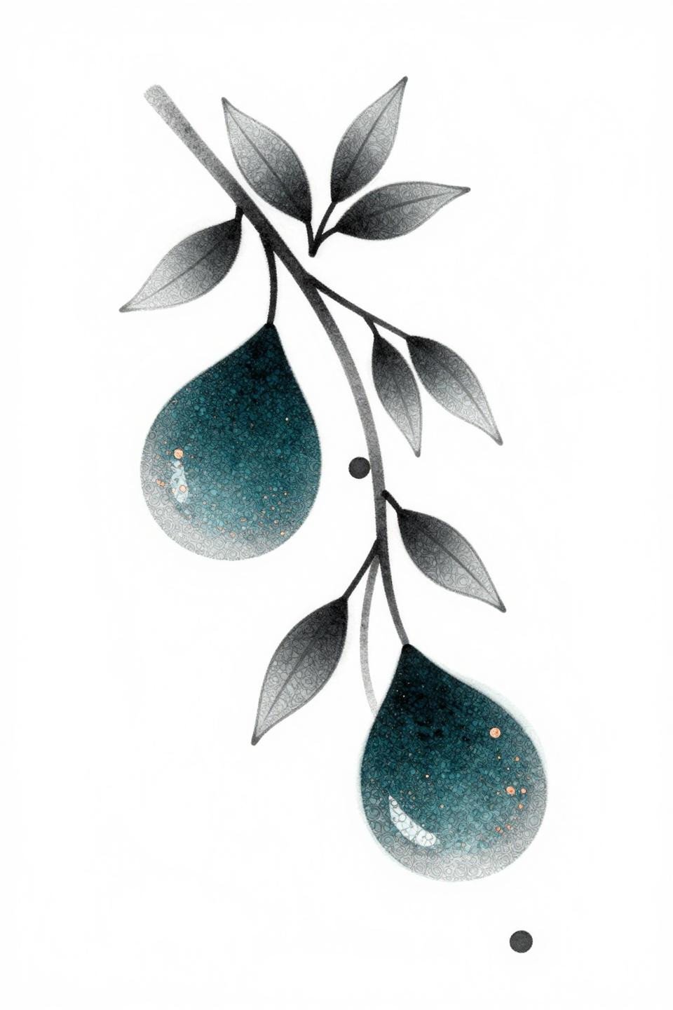 simplest mehndi designs neo-traditional flash, two teardrop cells stipple fill, asymmetric diagonal flow, deep teal ink copper metallic accent grey wash dilution