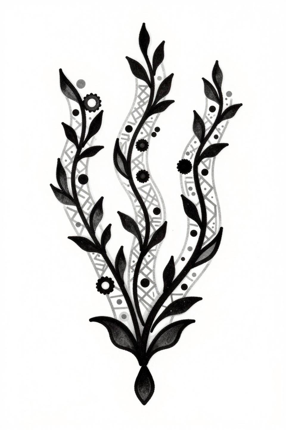 easy mehendi designs for front hand, art deco style flash, three parallel vertical vine curves dot mandalas square lattice fills teardrop terminals ornamental border