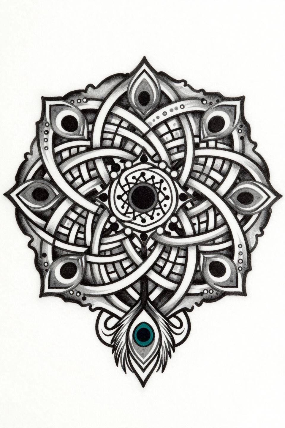 simple and easy mehndi designs for front hand, celtic knotwork style flash, central dot mandala five radiating vines interlocking knot geometry peacock eye motif scallop border