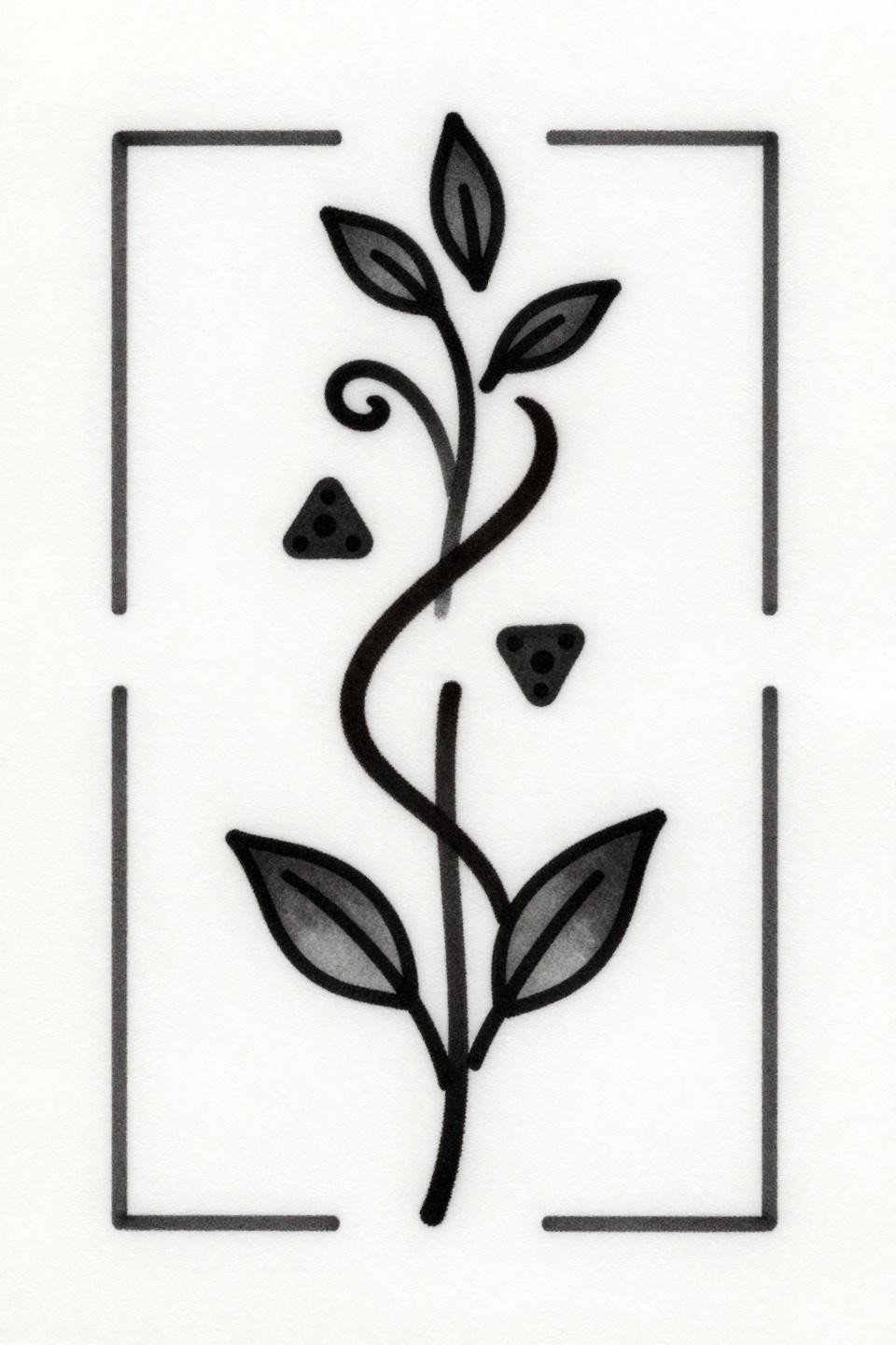 mehendi designs for hands simple front easy, neo-traditional style, single spiral vine flash bold 2-3pt outline with micro-dot clusters and comma-leaf terminals