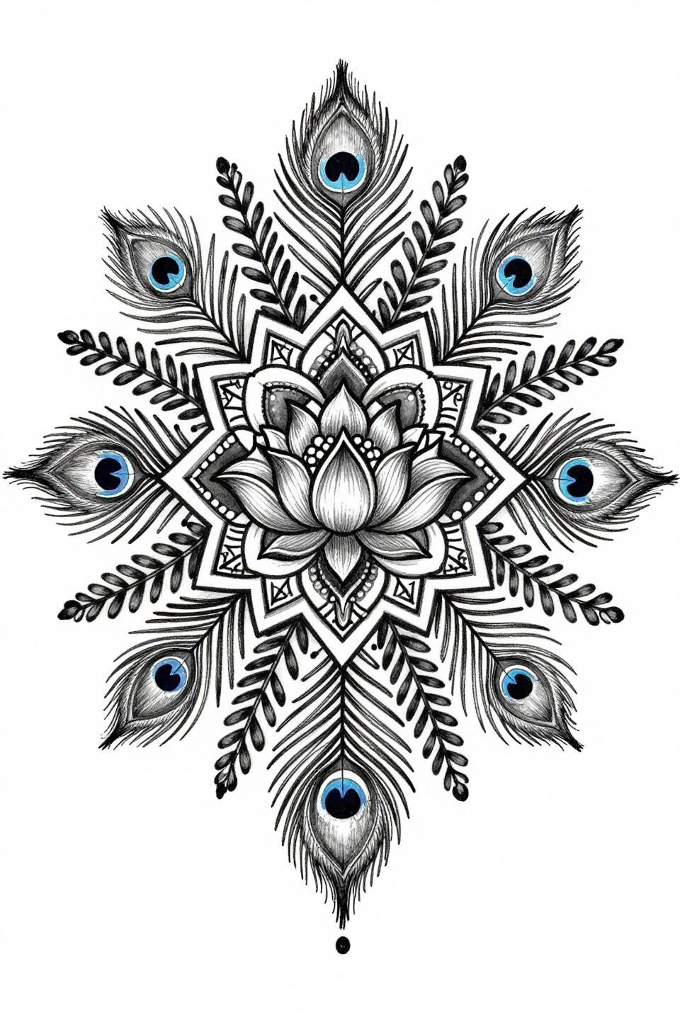 easy mehandi designs front hand, botanical scientific style flash, lotus center motif vine tendrils interconnected geometric diamonds peacock feather silhouettes hairline 0.5mm single-needle bilateral symmetry