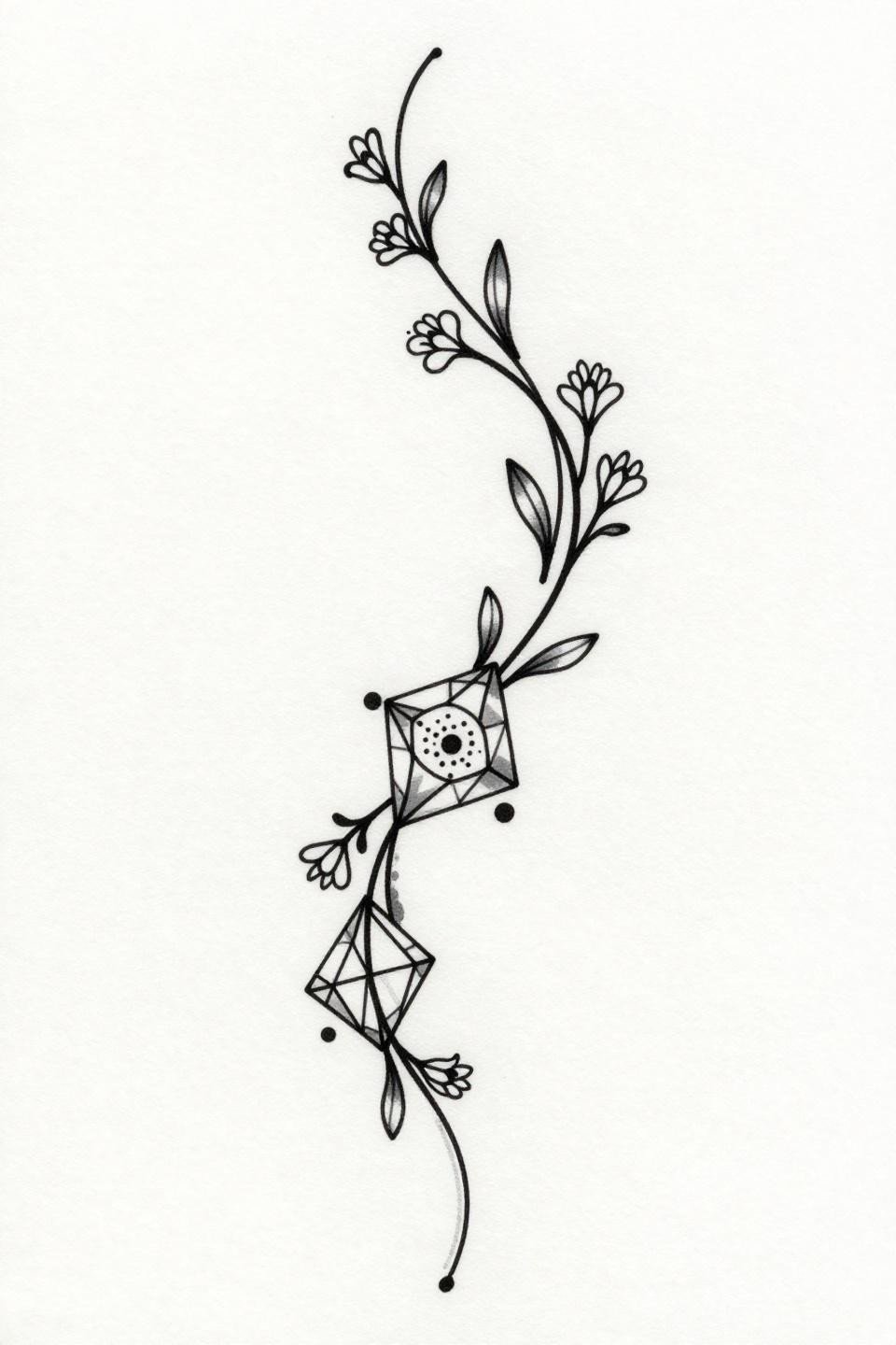 mehandi designs simple front hand, single continuous line style flash, unbroken curved vine three diamond clusters floral bud terminals circular dot mandala 1pt clean outline open fills