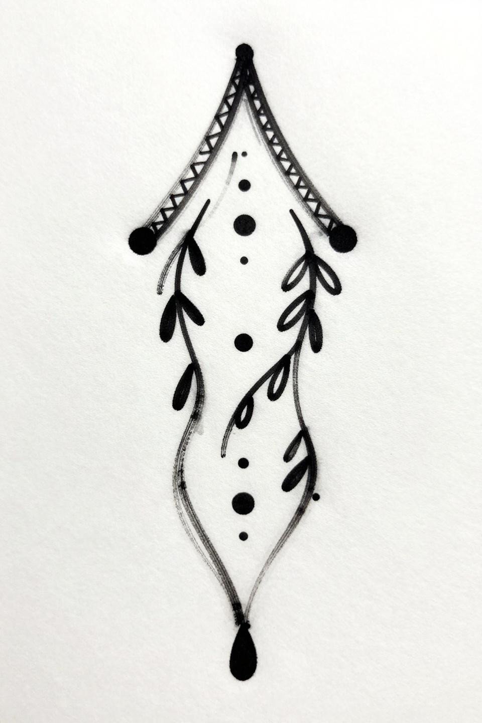 front palm mehndi designs simple, sketch raw style flash, three parallel vertical vine lines calligraphic brush marks dot clusters triangle chain border teardrop leaf terminals