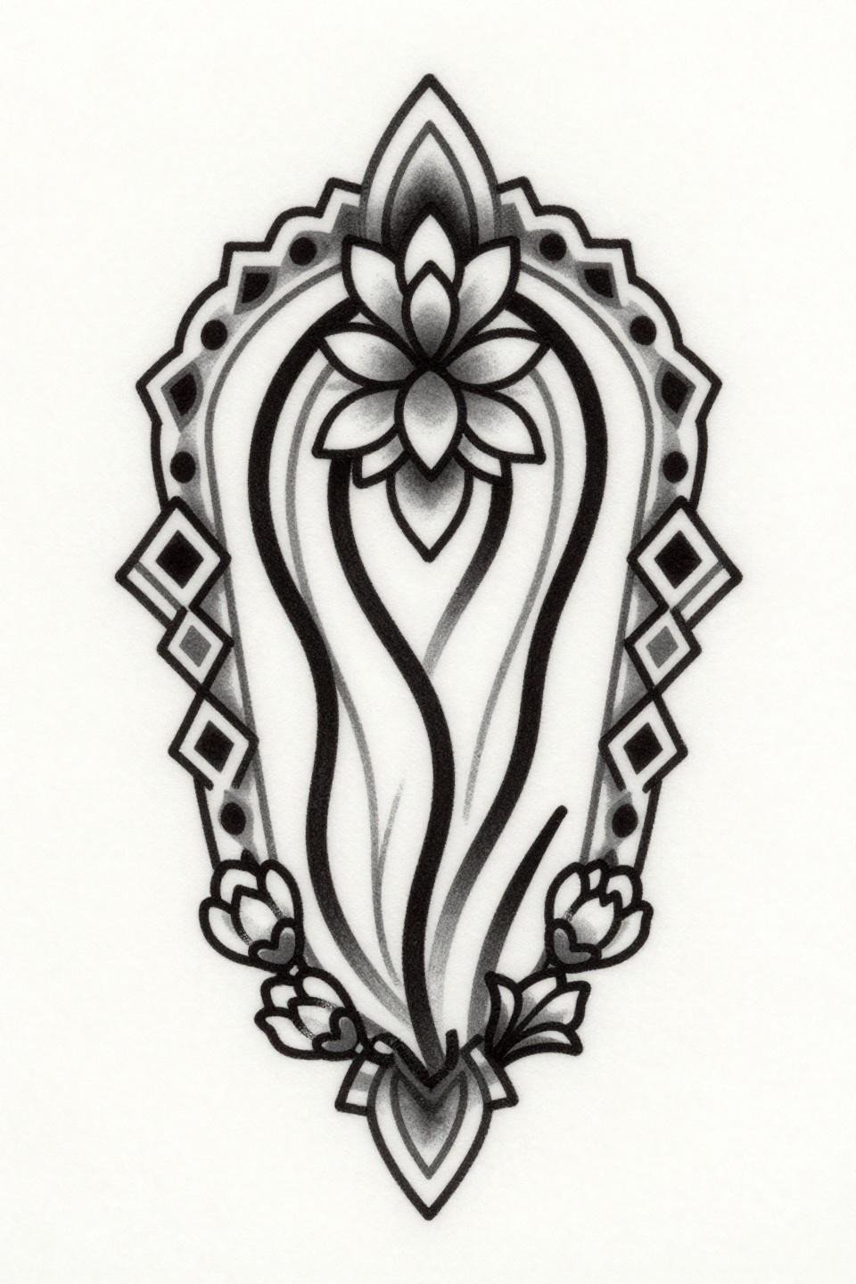 easy mehendi designs for front hand, art nouveau style flash, central dot mandala three parallel curved vines geometric diamond chain border flat black ink open negative space