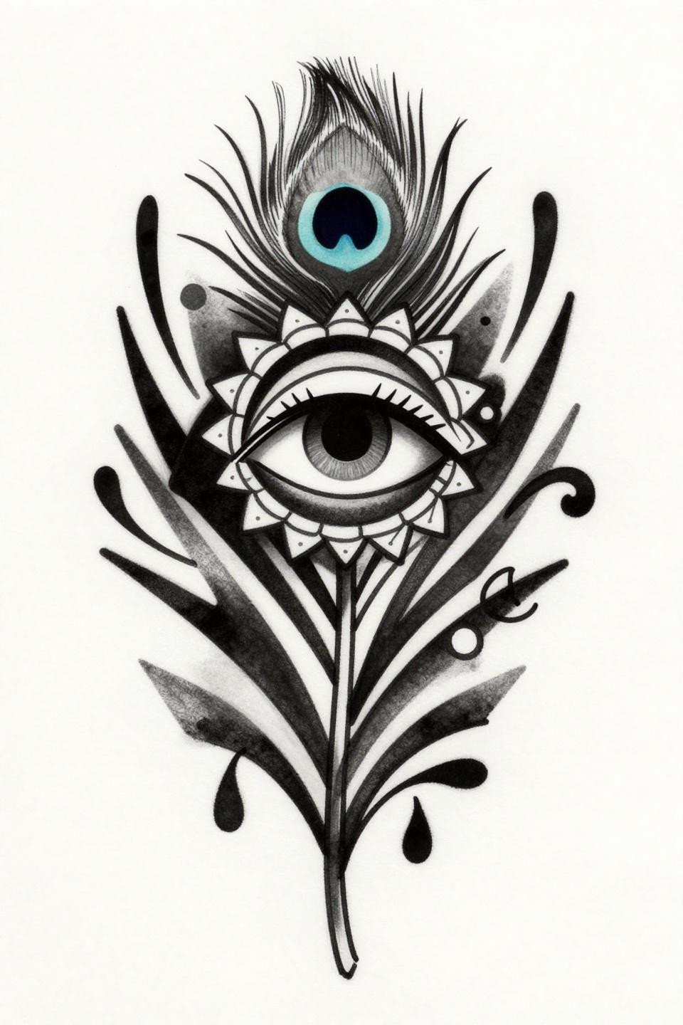 latest simple mehndi designs, tribal geometric style flash, peacock feather bold central eye geometric scallop arcs asymmetric vine tendrils 3-4pt outlines fully filled black sections