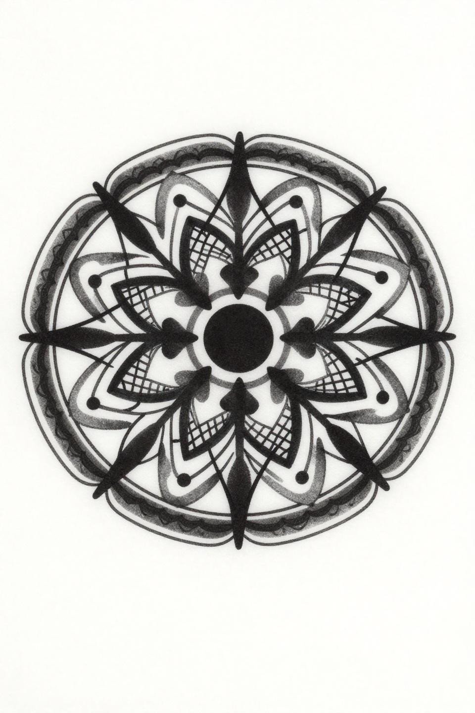 simple mehendi designs palms easy, Japanese irezumi style flash, central circular mandala five radiating geometric vines crosshatch diamond lattice bold 3pt outlines whip shading