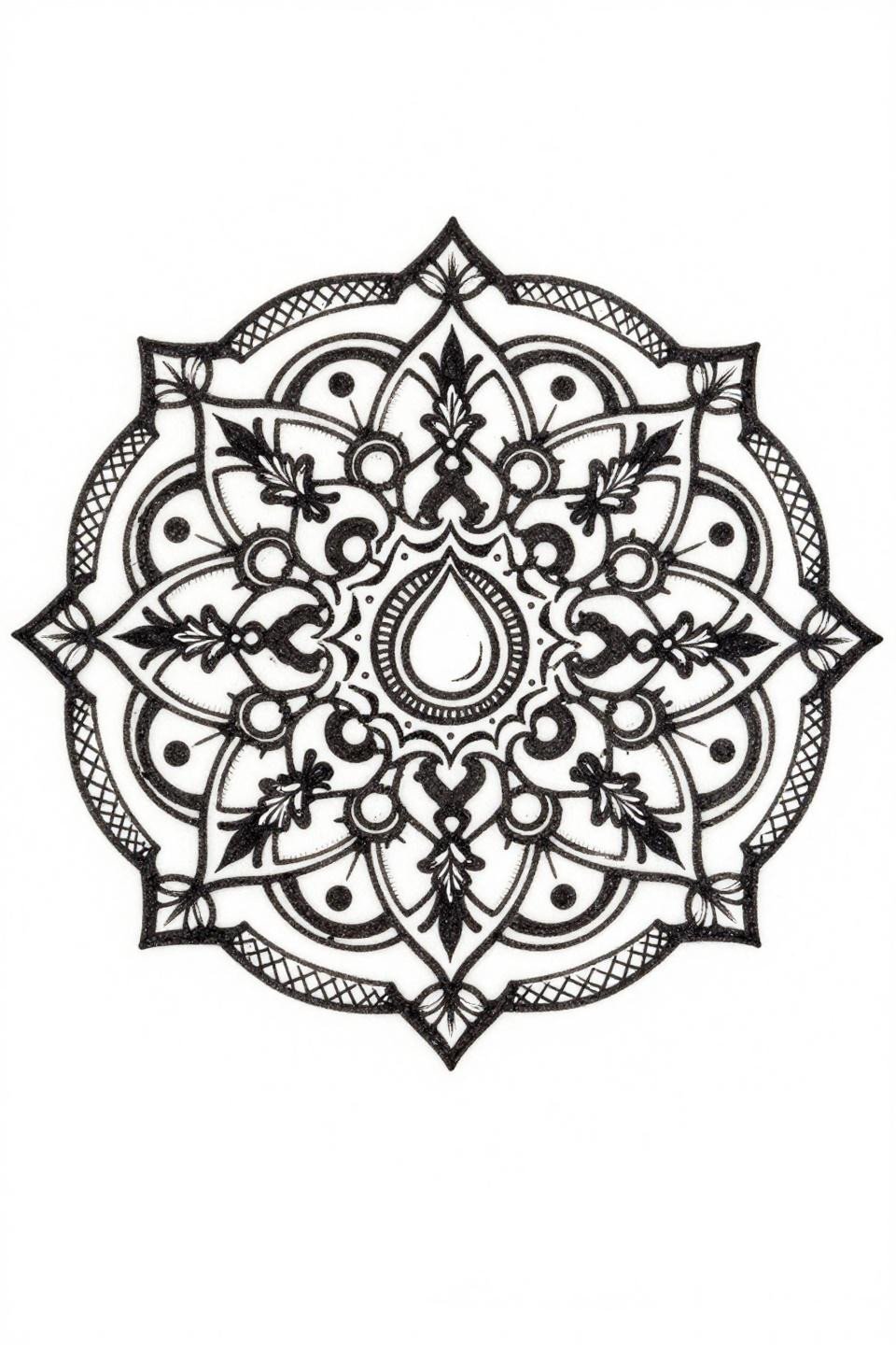 stylish mehndi designs for front hand, etching woodcut style flash, symmetrical mandala teardrop core radiating vine lattice crosshatch diamond bands parallel-line engraving bold outlines no grey wash